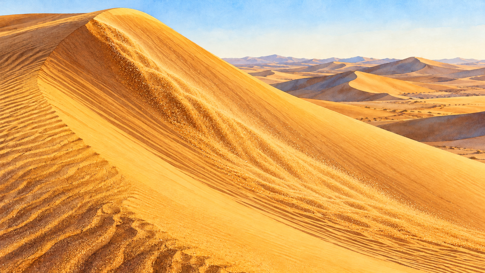 Illustration of a thin avalanche of golden sand flowing down the sloping face of a desert dune.