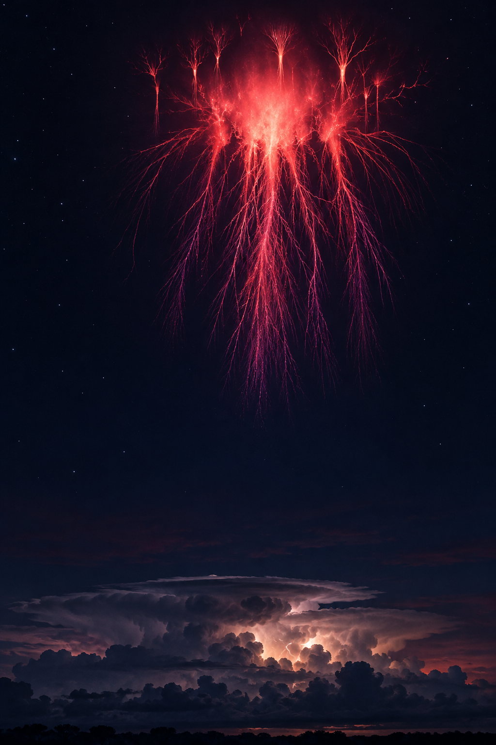 Illustration of a branching red sprite high above a distant nighttime thunderstorm.