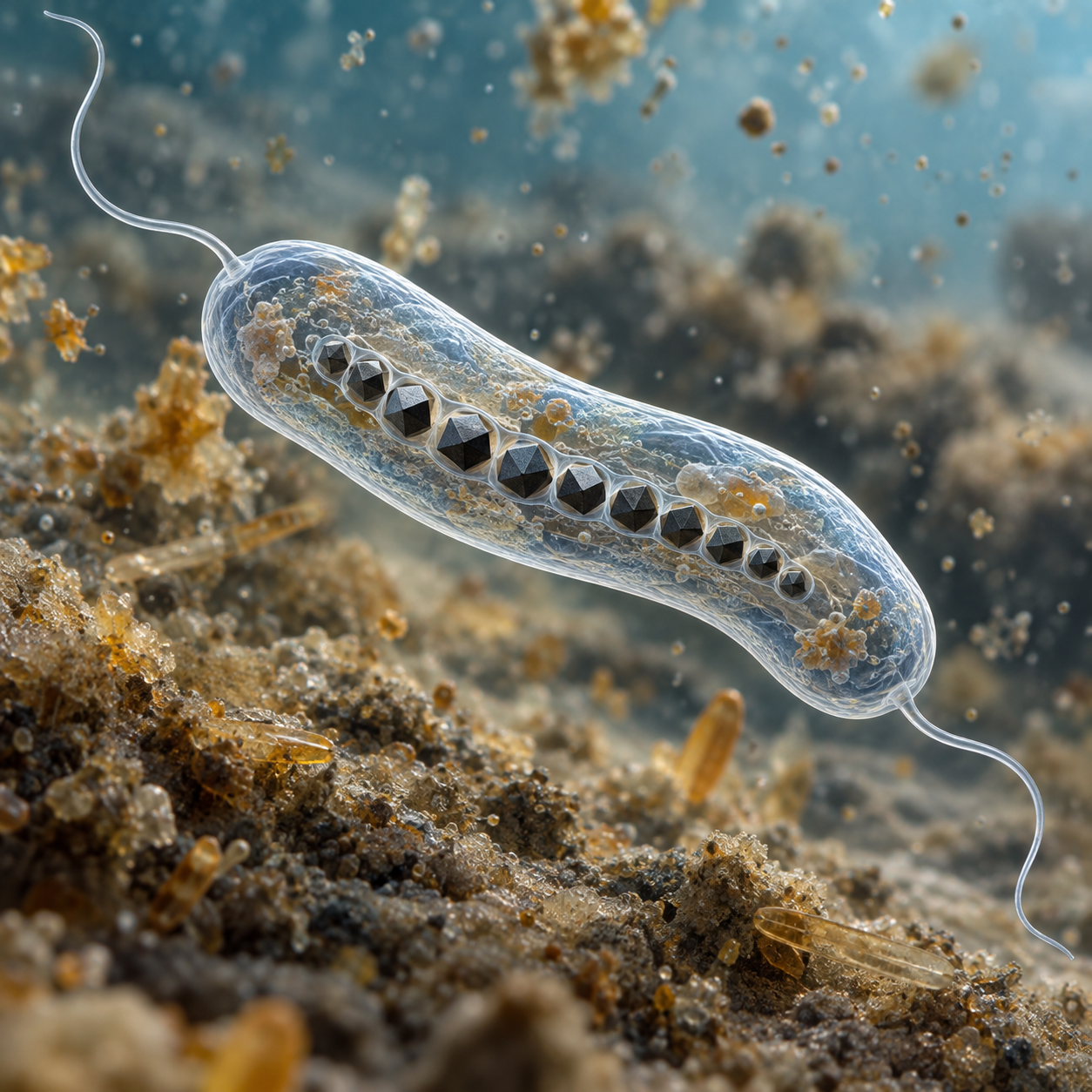 Cutaway illustration of a bacterium containing a chain of dark magnetic crystals.