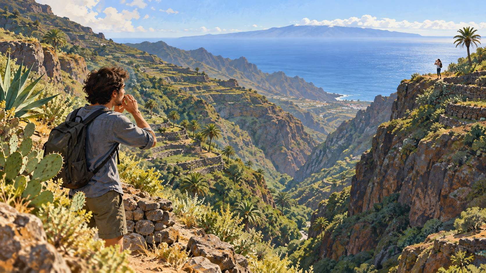 Two people communicate across a deep green ravine in a Canary Islands landscape.