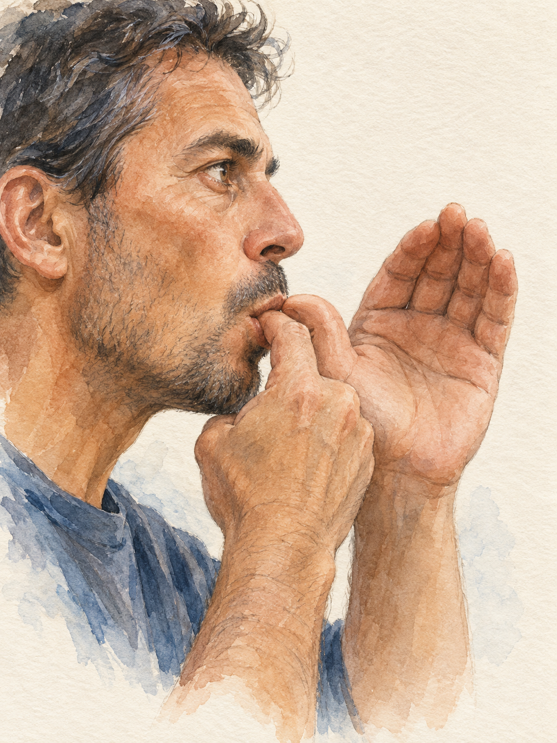 A close artistic study of a whistler's lips and hands.
