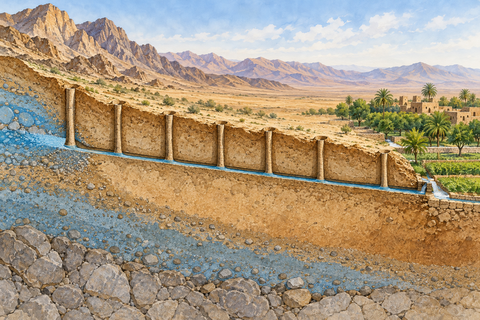 A conceptual underground qanat tunnel and vertical access shafts carry water from high ground to a village garden.