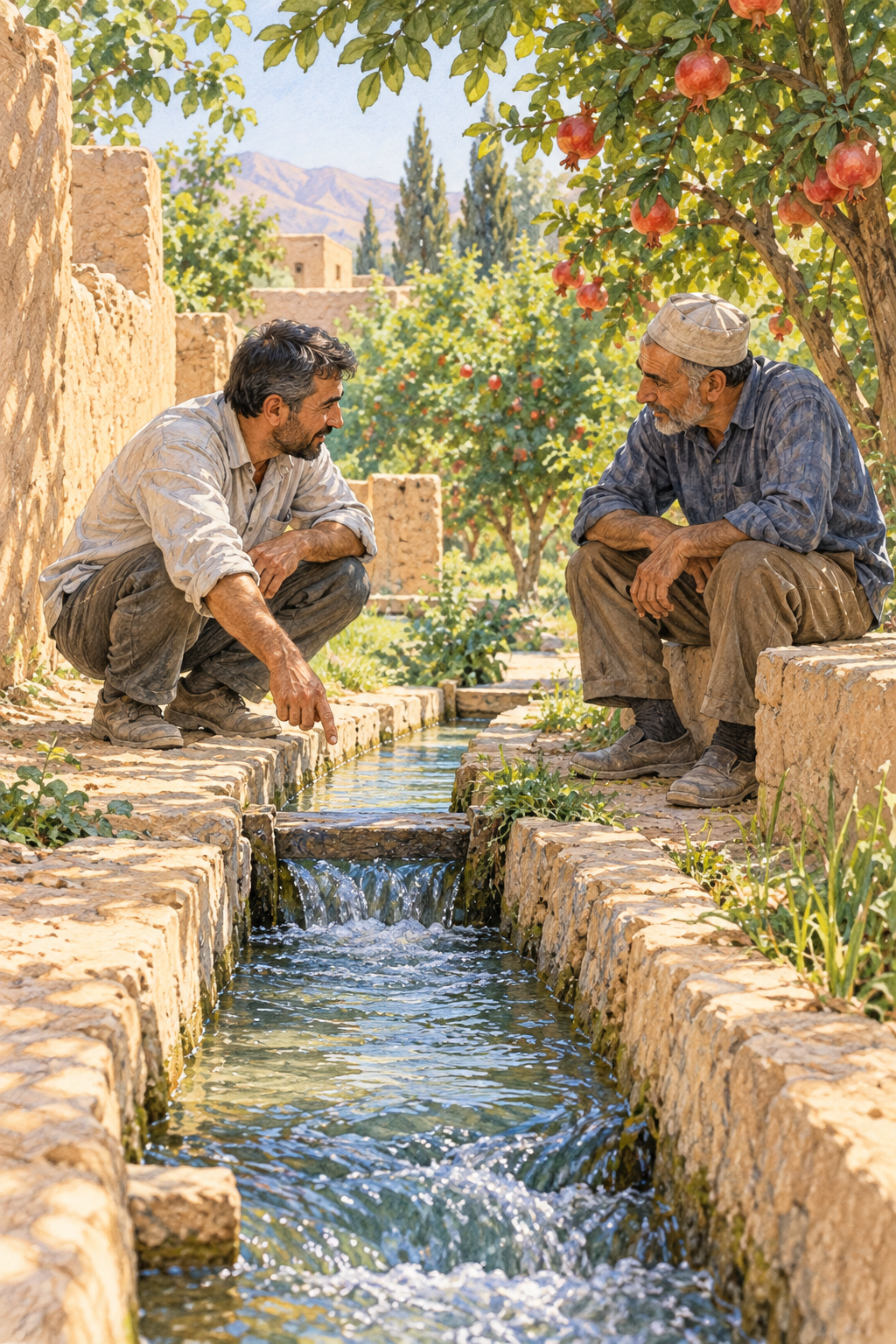 Two farmers discuss water beside an irrigation channel in a pomegranate garden.