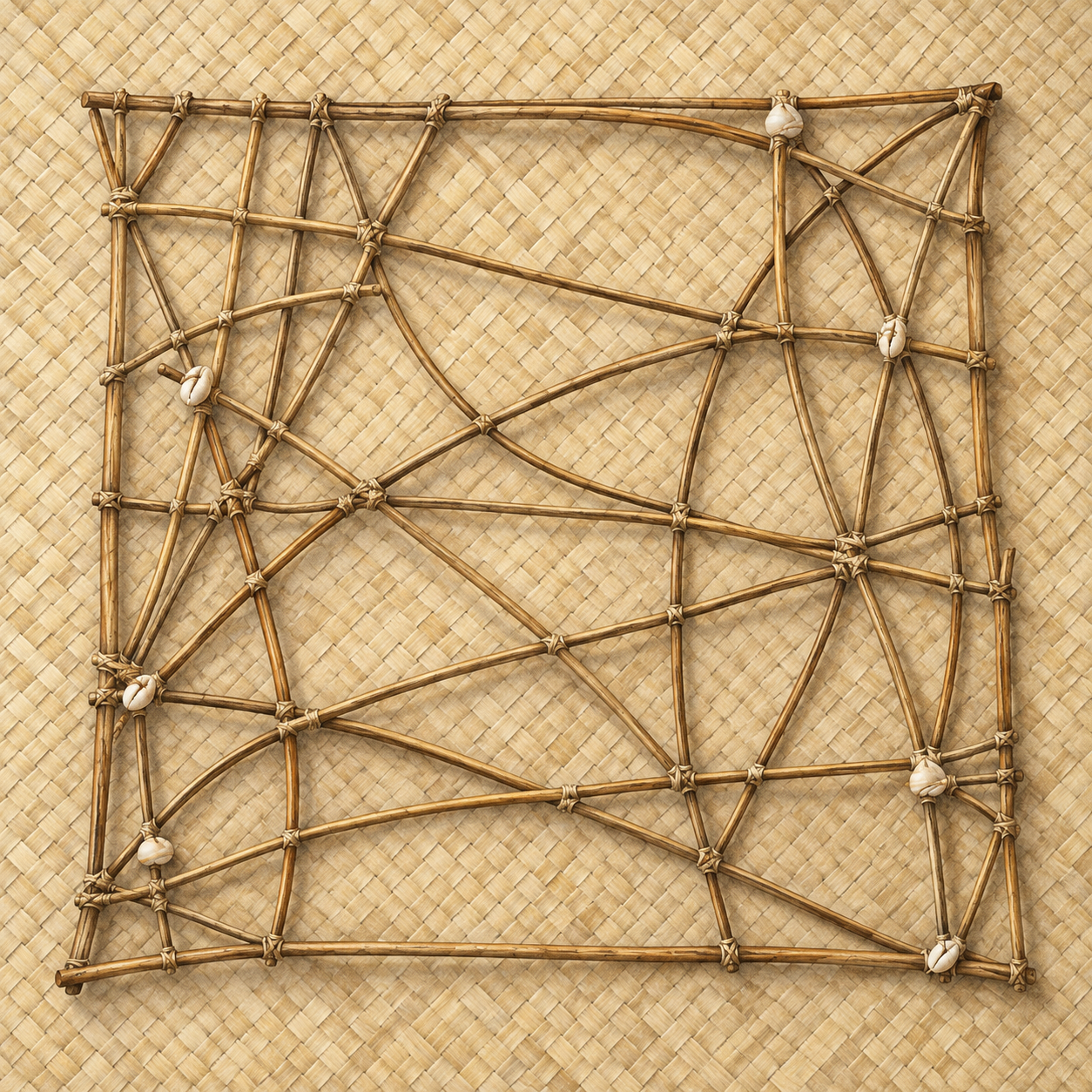 A handmade lattice of curved and straight plant strips with tied shells rests on a woven mat.