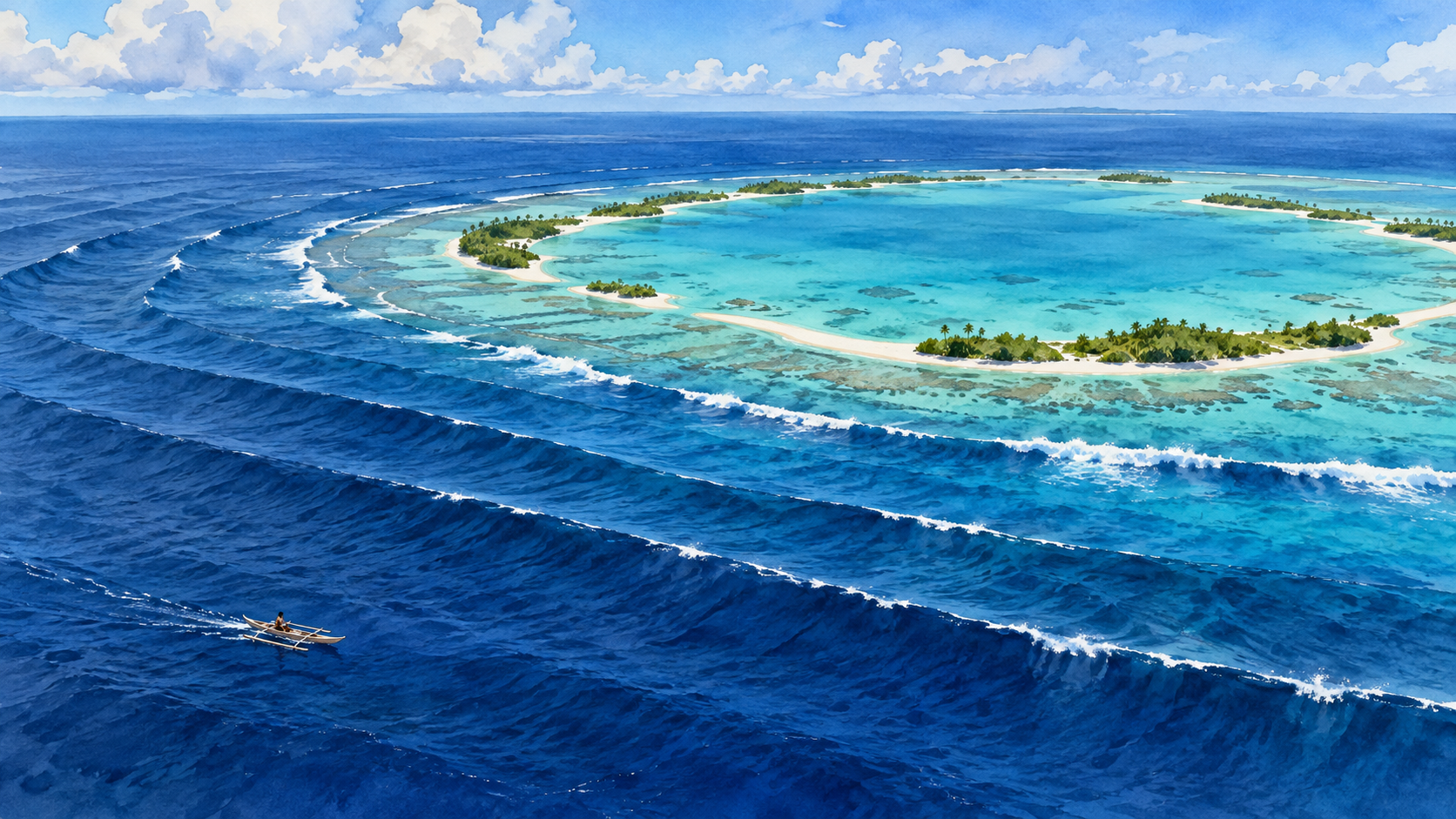 Long ocean swells curve around a low coral atoll while a small canoe crosses the foreground.
