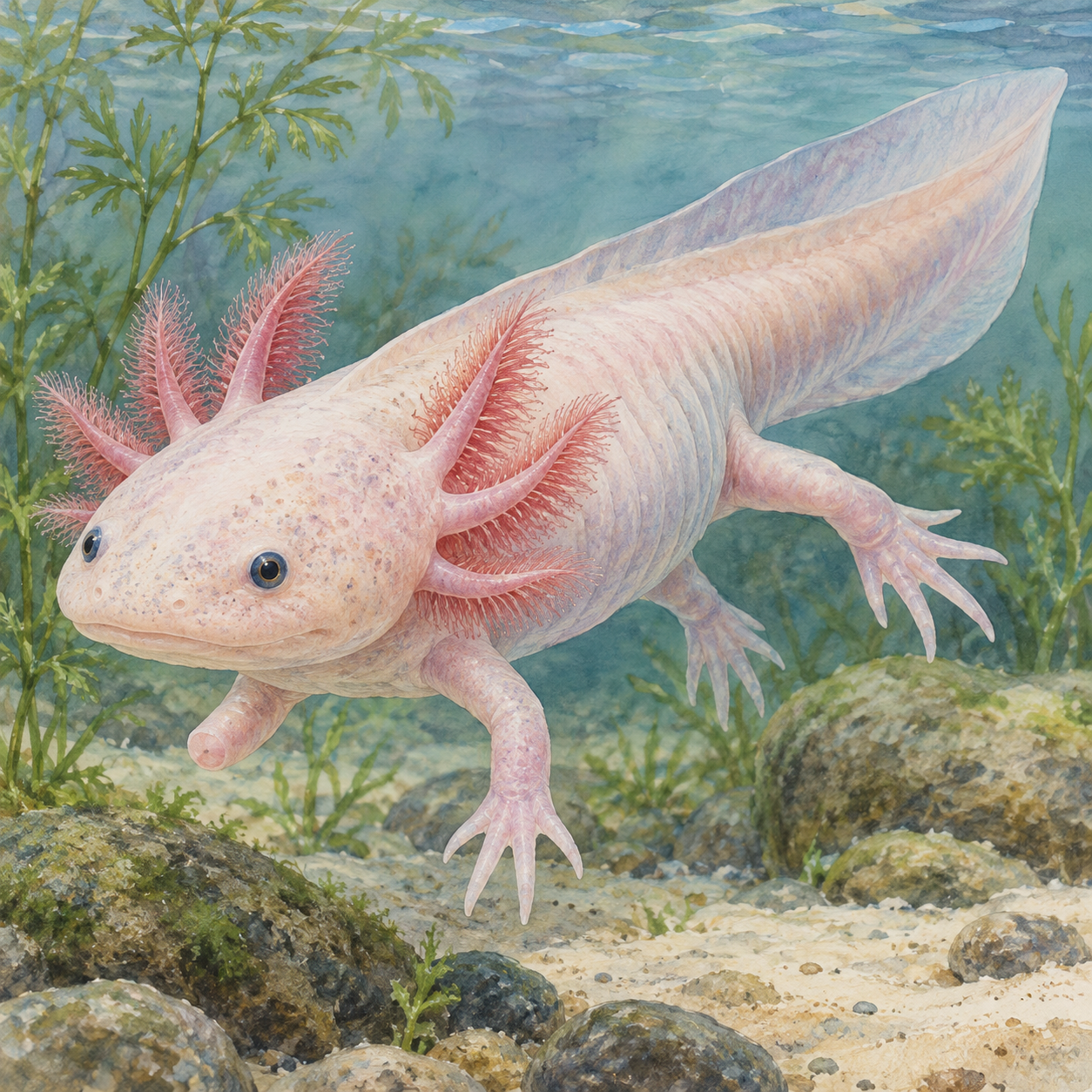 A pale axolotl with rose-colored external gills and a small forelimb bud swims in clear water.