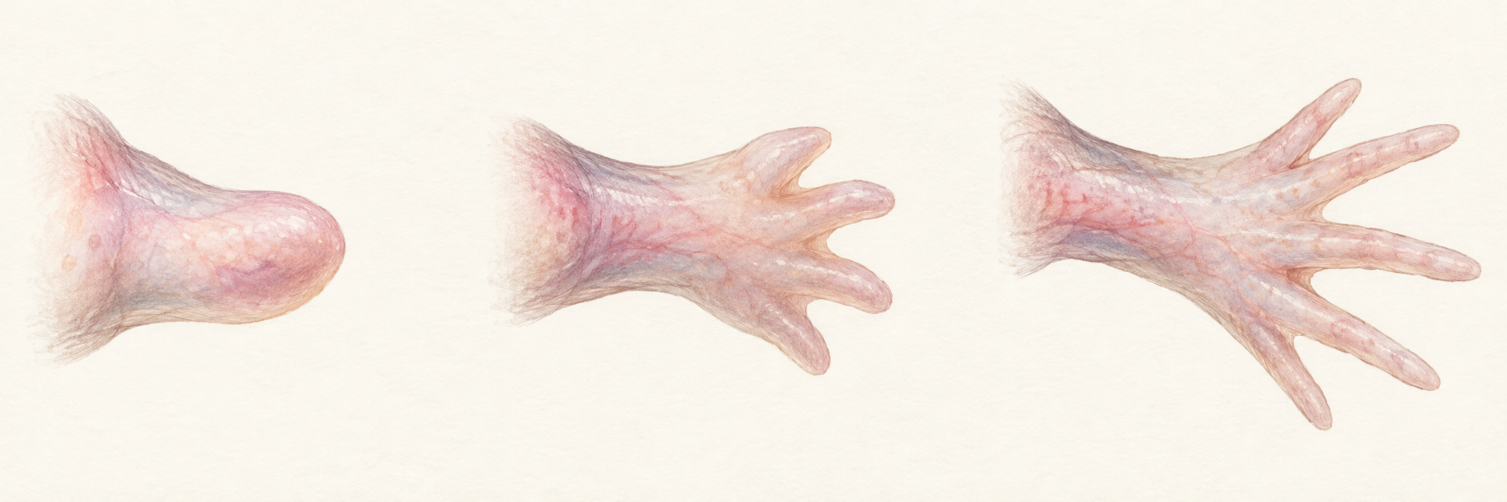 Three conceptual limb studies show a rounded bud, emerging digits, and a developed five-digit hindlimb form.