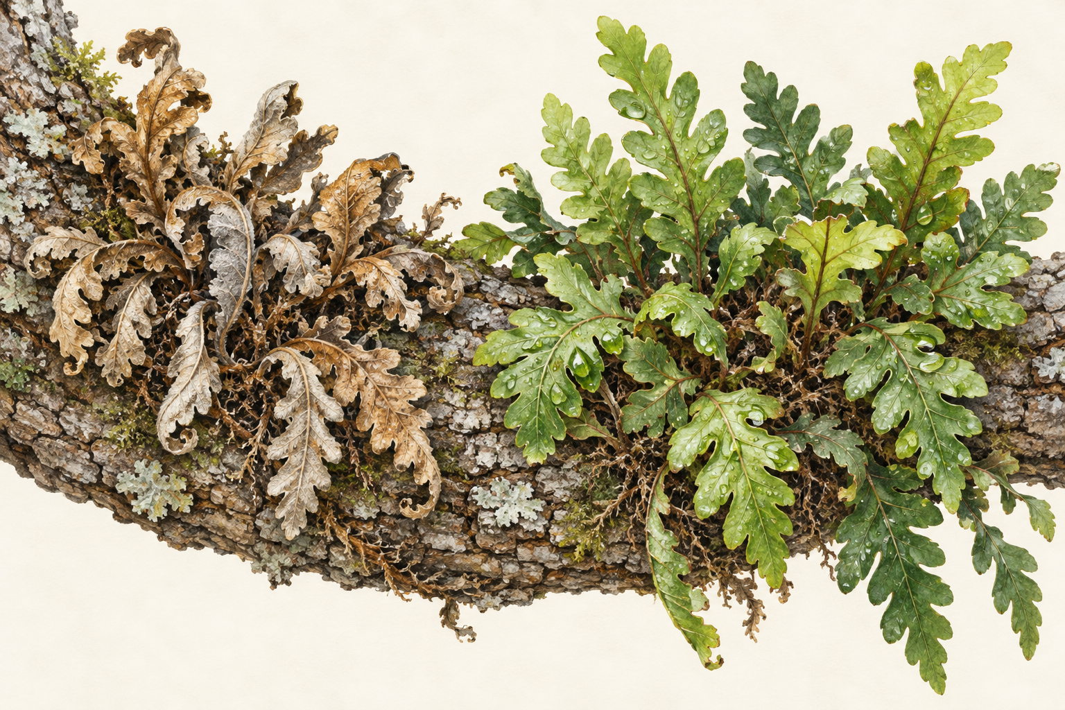 Dry curled fern fronds and reopened green fronds are compared on an oak branch.