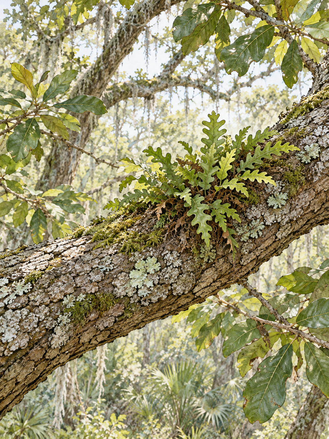 Small resurrection fern fronds grow on the bark of a larger oak branch.