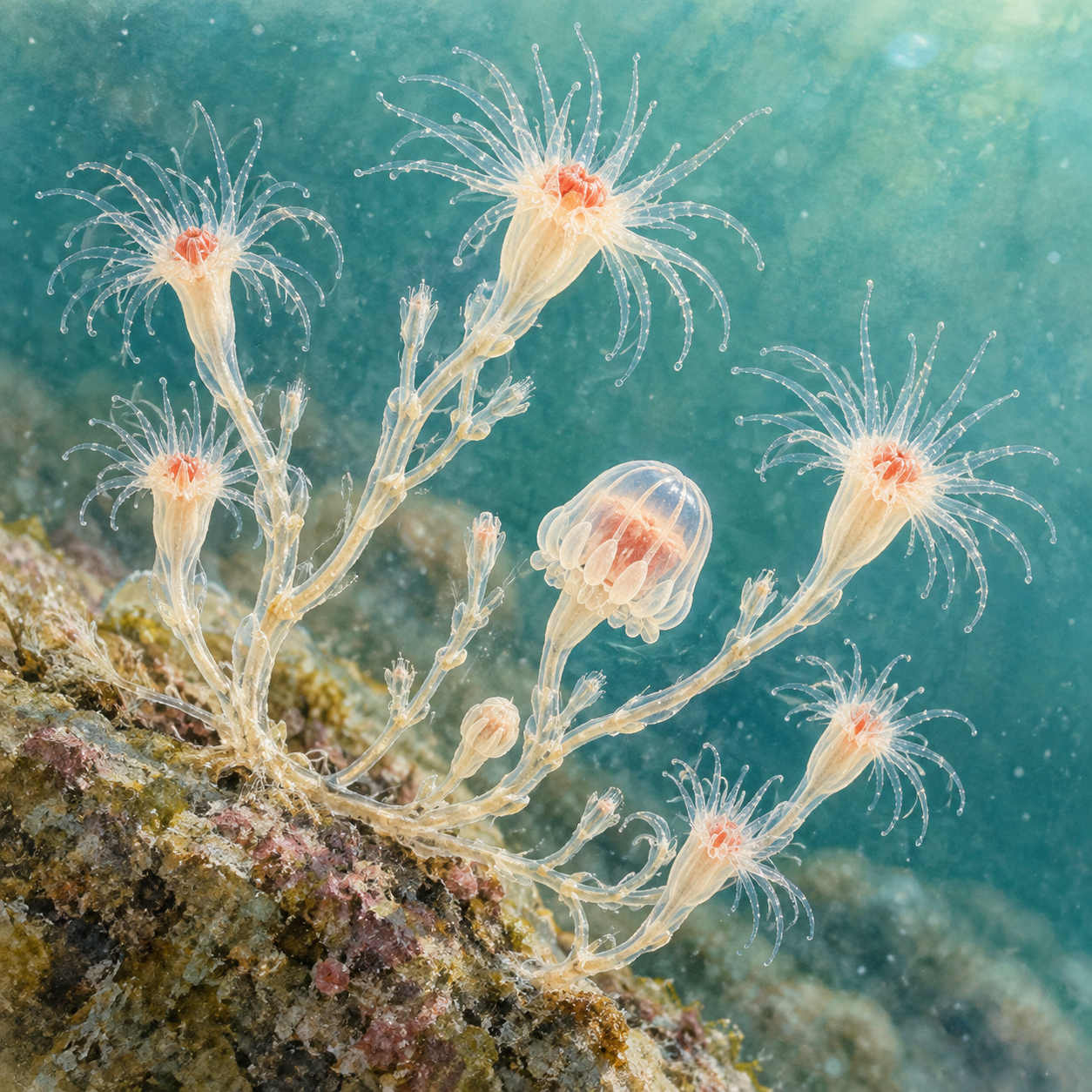 An enlarged artistic polyp colony includes tentacled heads and a small medusa-like bud.