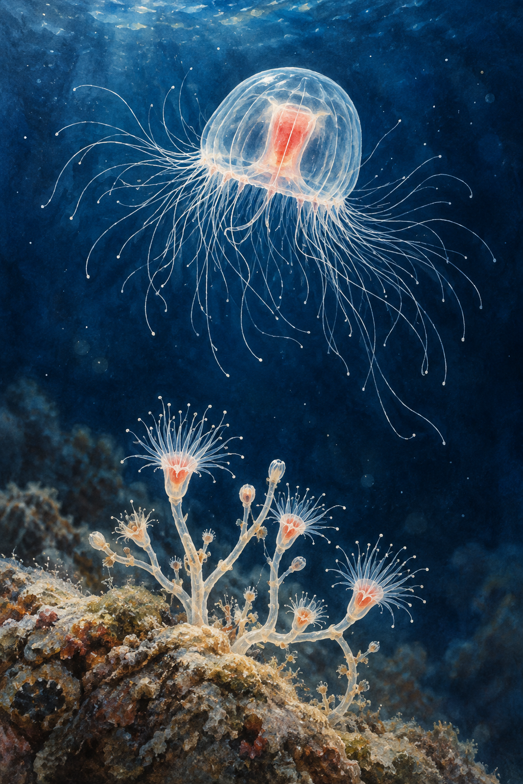 A transparent bell-shaped jellyfish floats above a small attached colony of polyps.