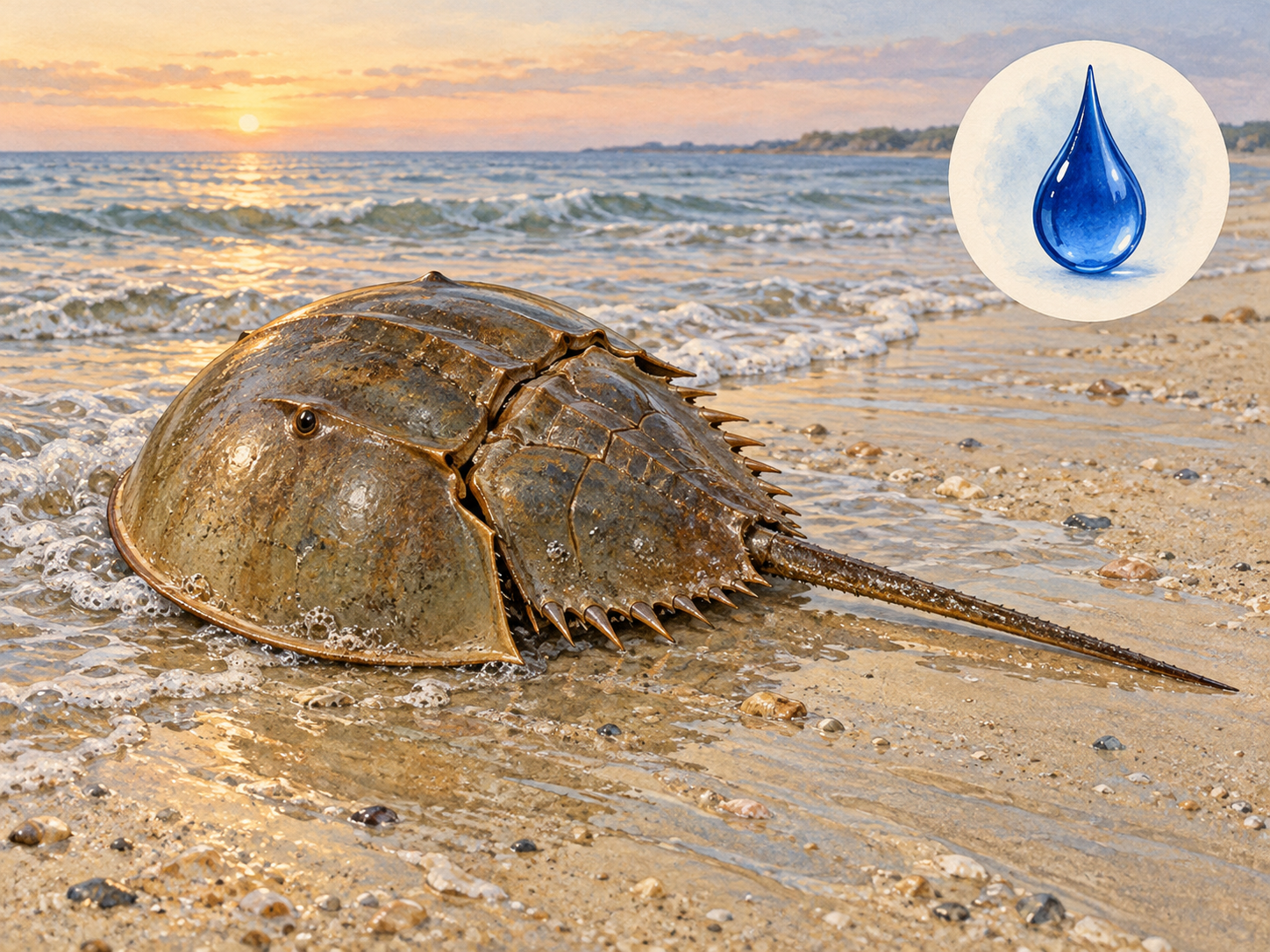 A brown horseshoe crab at the tidal edge beside a separate artistic blue-droplet vignette.