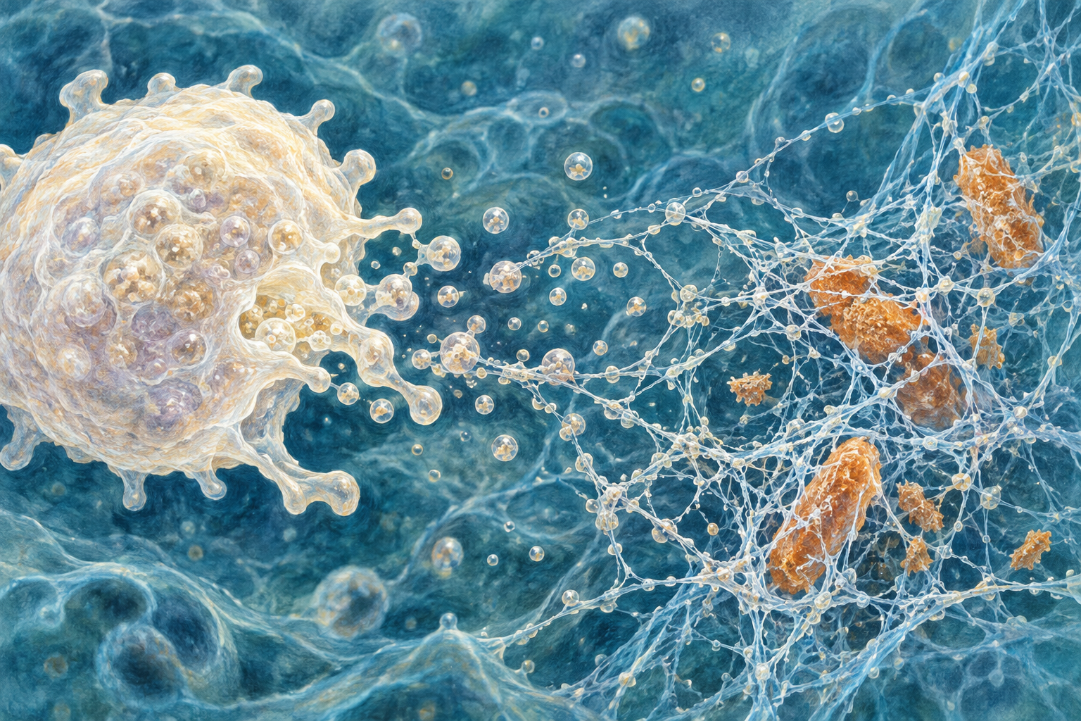 A conceptual immune cell releases components toward a forming mesh around bacterial fragments.