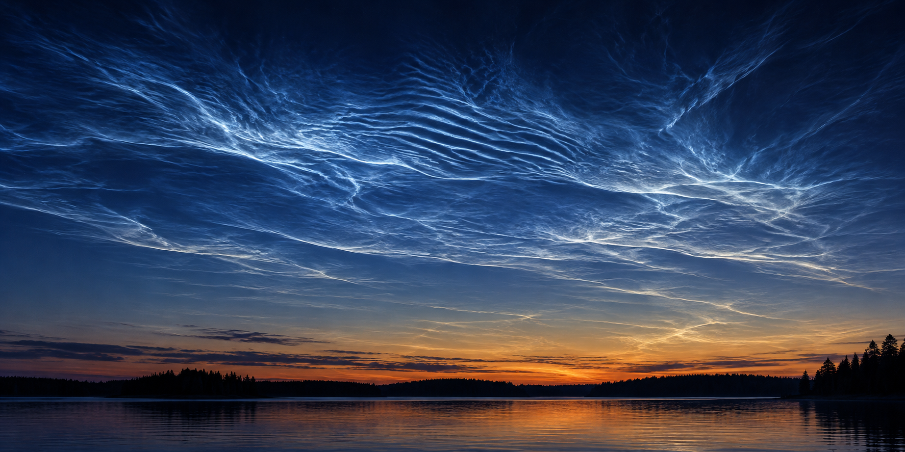 Silver-blue rippled clouds shine in a dark twilight sky over a silhouetted lake shore.