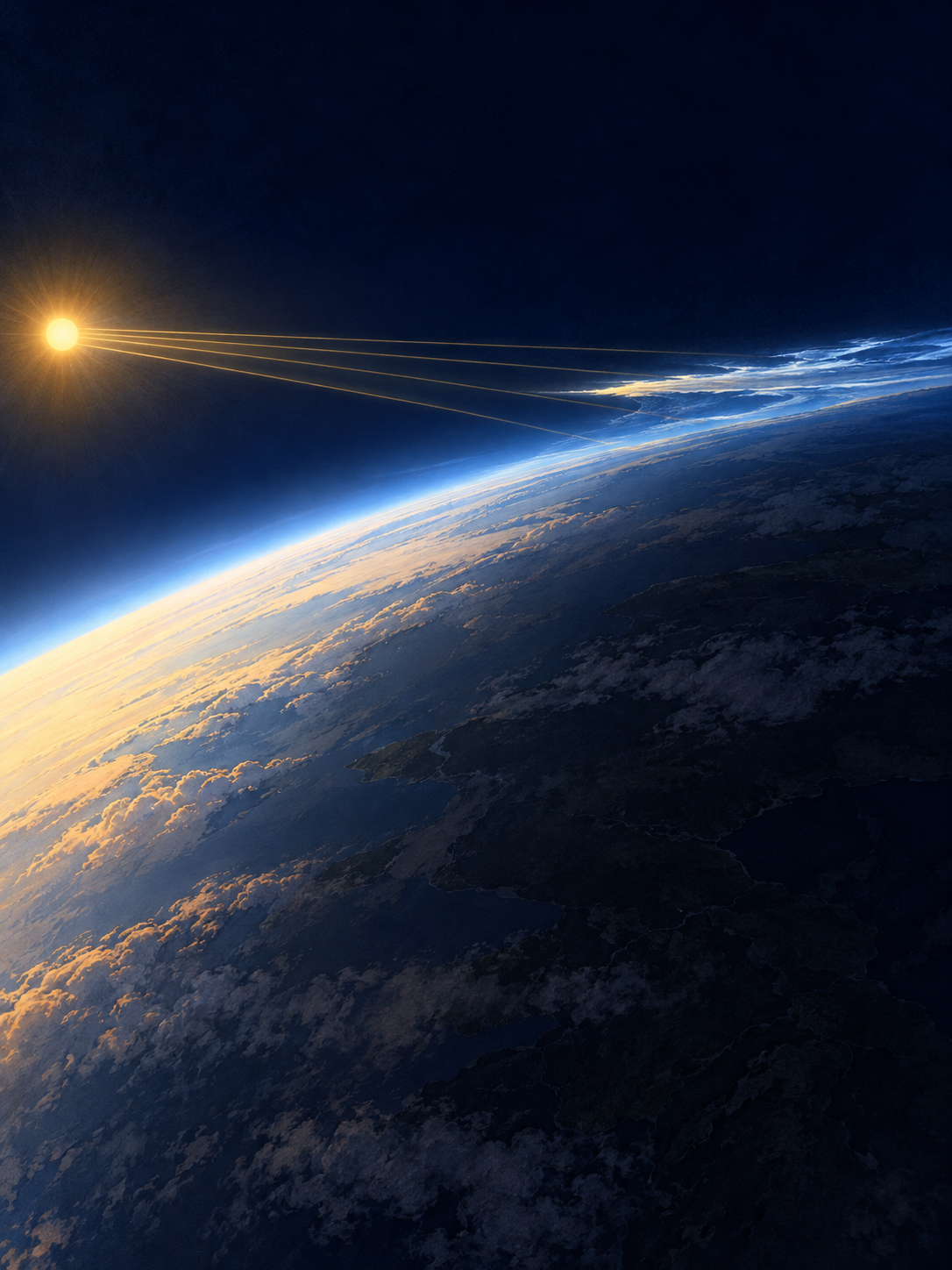 A schematic curved Earth lies partly in shadow while high clouds remain illuminated by sunlight.