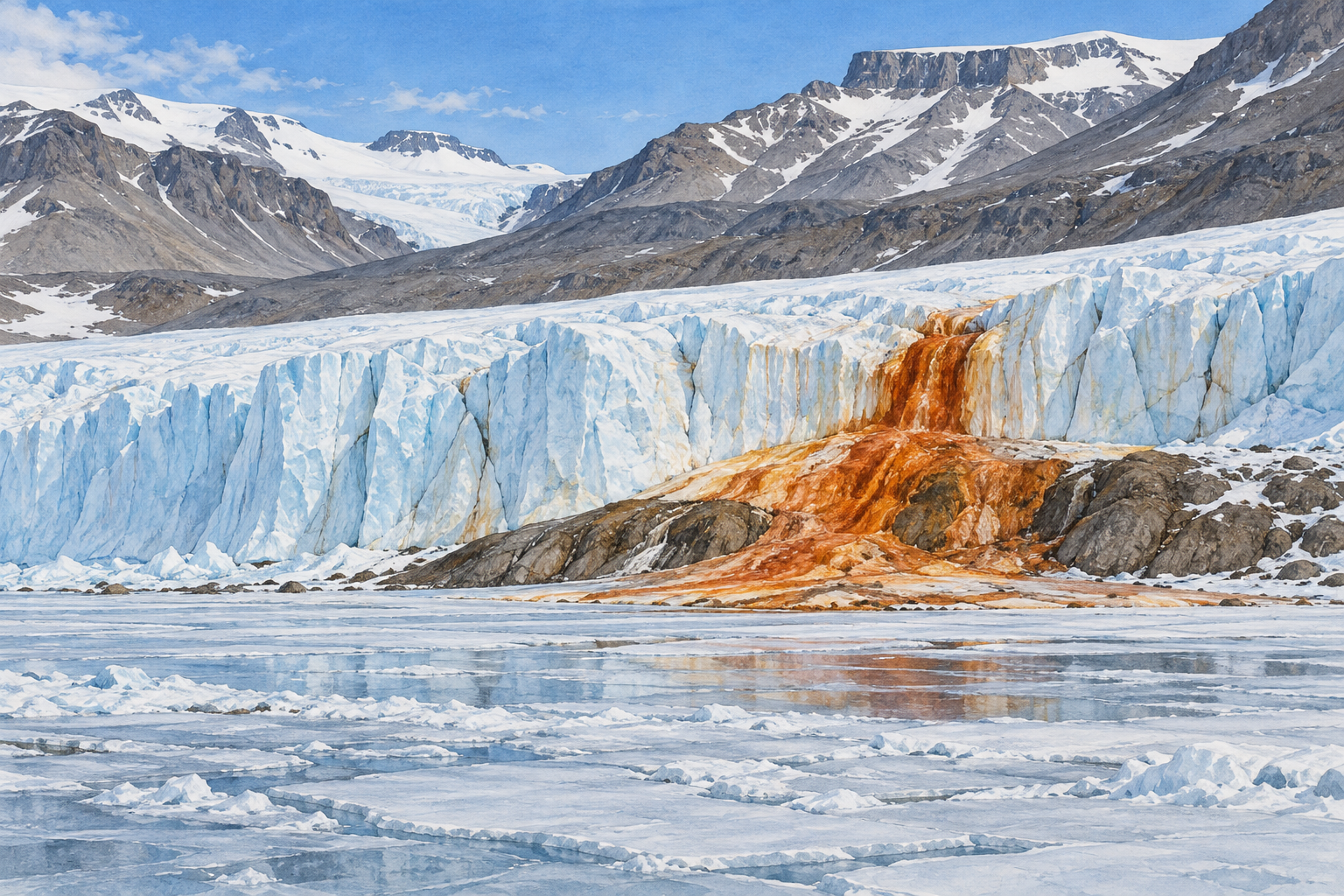A rust-colored outflow stains the front of a pale Antarctic glacier above a frozen lake margin.