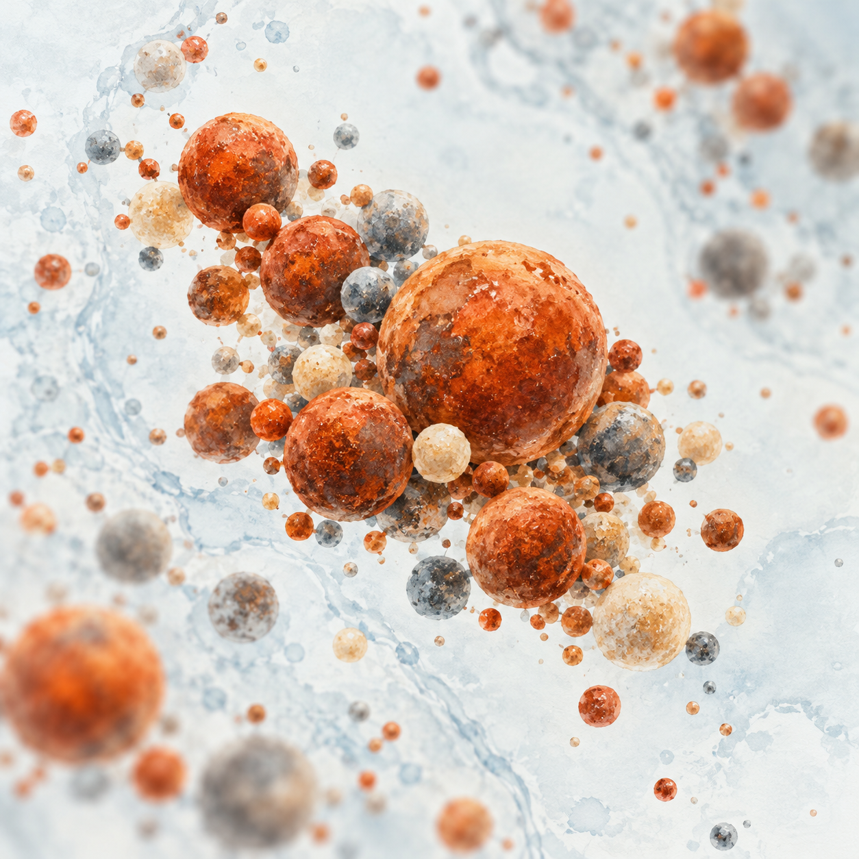 A conceptual enlarged cluster of orange and grey round particles floats against a watery pale background.