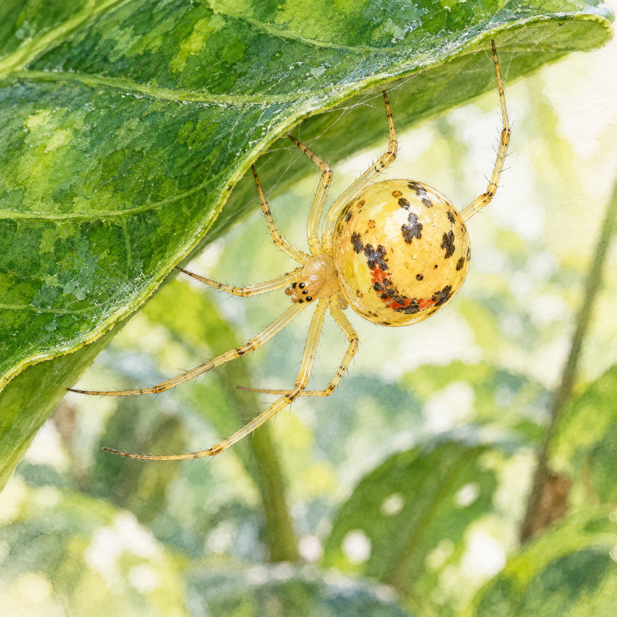 A pale-yellow spider with irregular face-like red and black abdomen markings hangs beneath a green leaf.