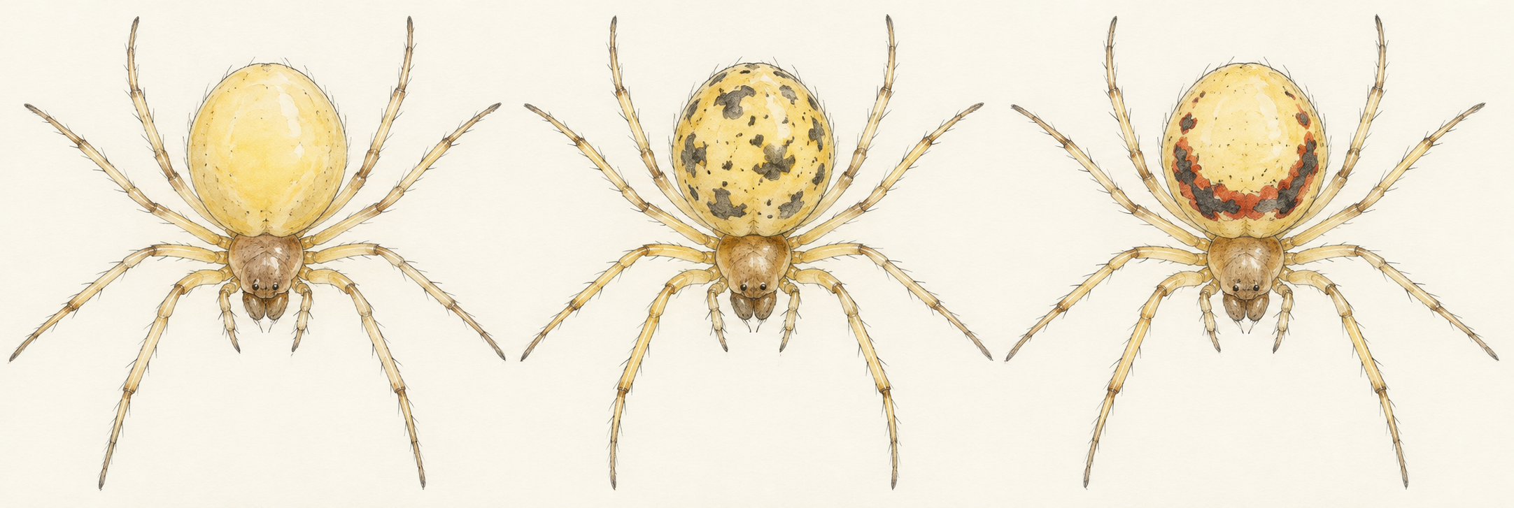 Three artistic happy-face-spider studies compare plain yellow, scattered dark marks, and a curved red-dark pattern.