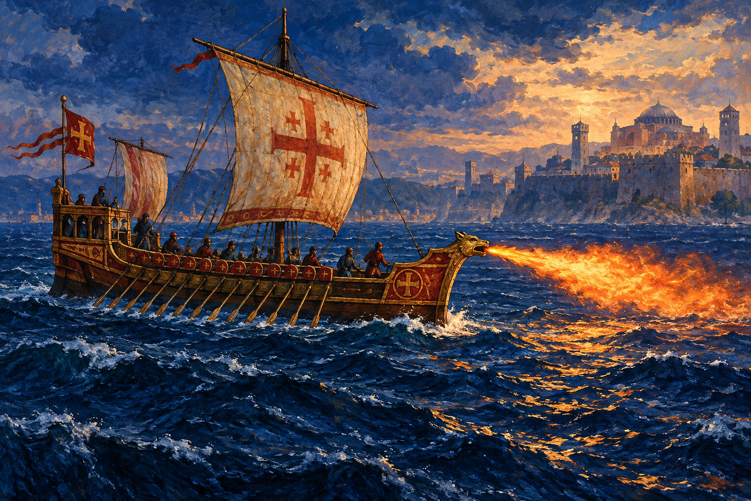 Generated historical illustration of a Byzantine oared ship projecting a flame from its prow on the sea.