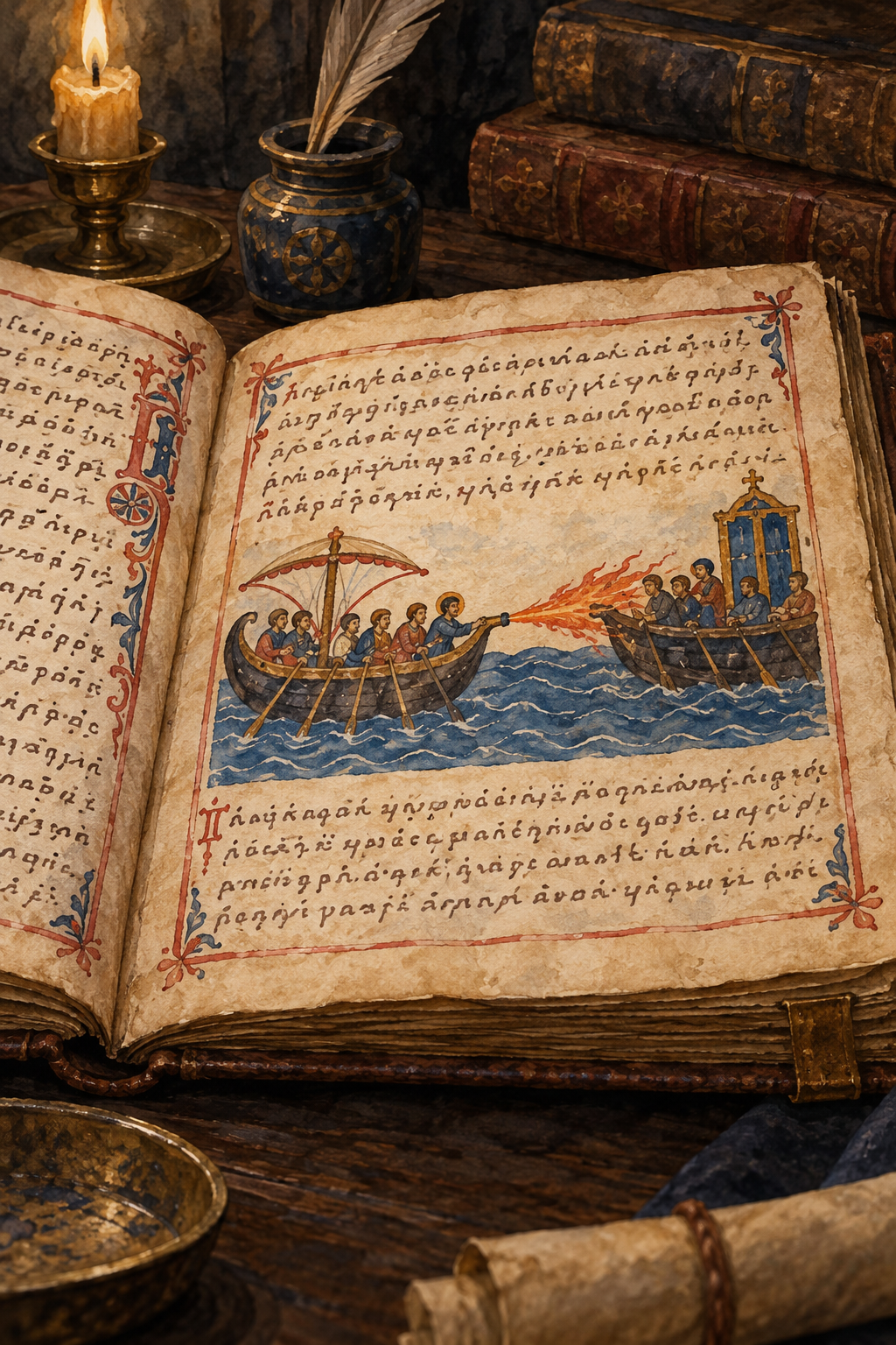 Generated illustration of an imagined medieval chronicle containing a naval miniature.