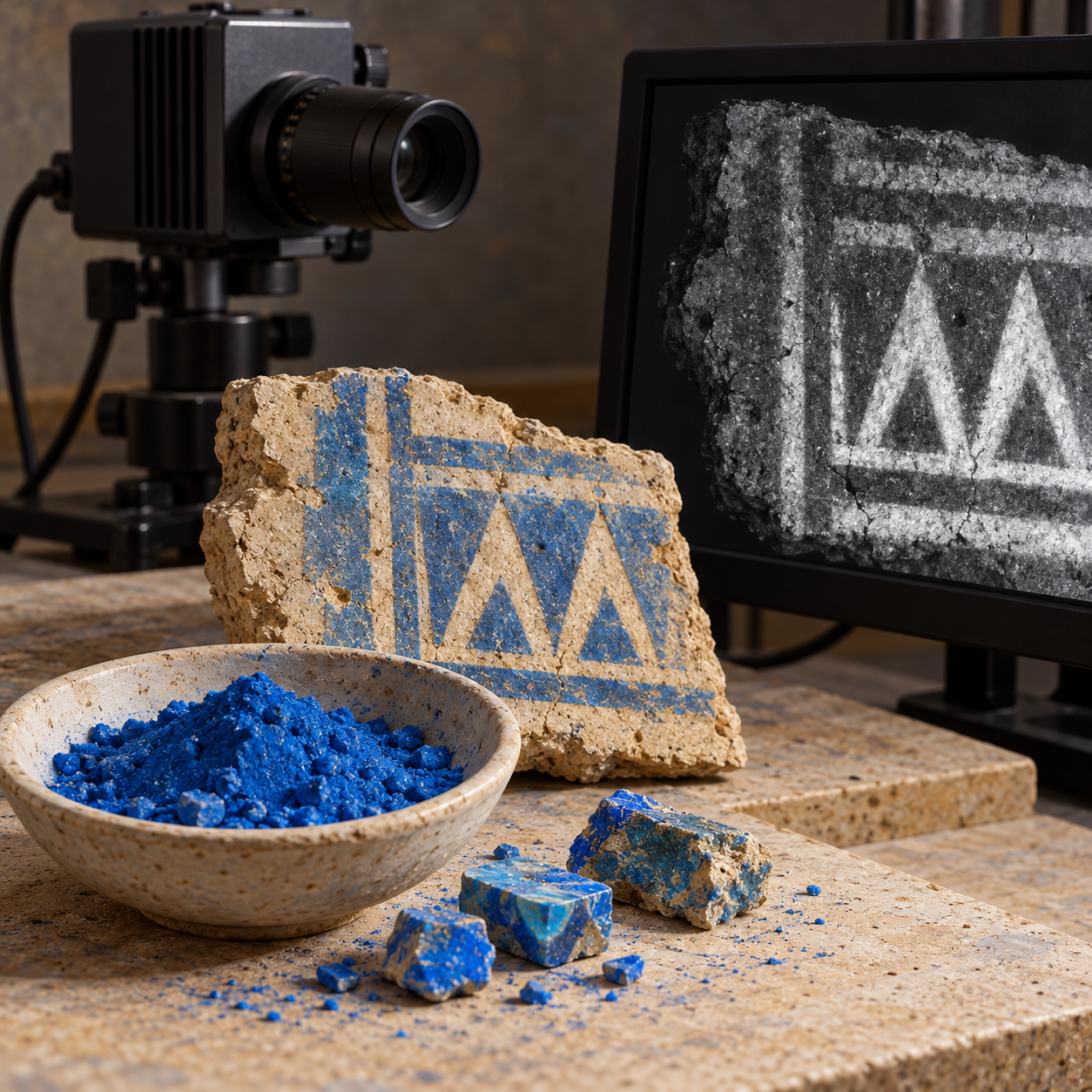 Generated laboratory-inspired illustration of blue pigment, a painted fragment and imaging equipment.