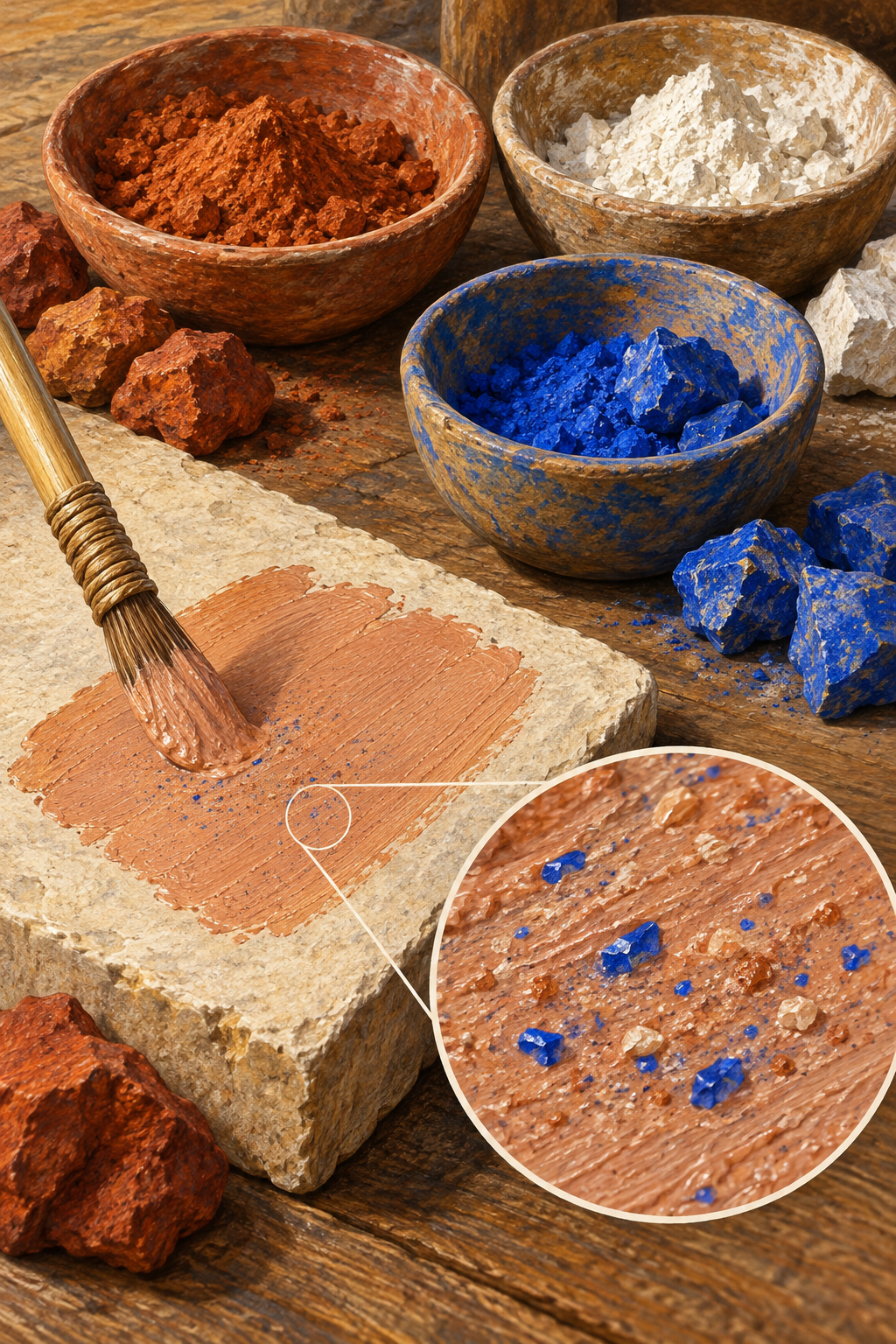 Generated illustration of blue pigment grains mixed into ochre paint, with an enlarged conceptual inset.