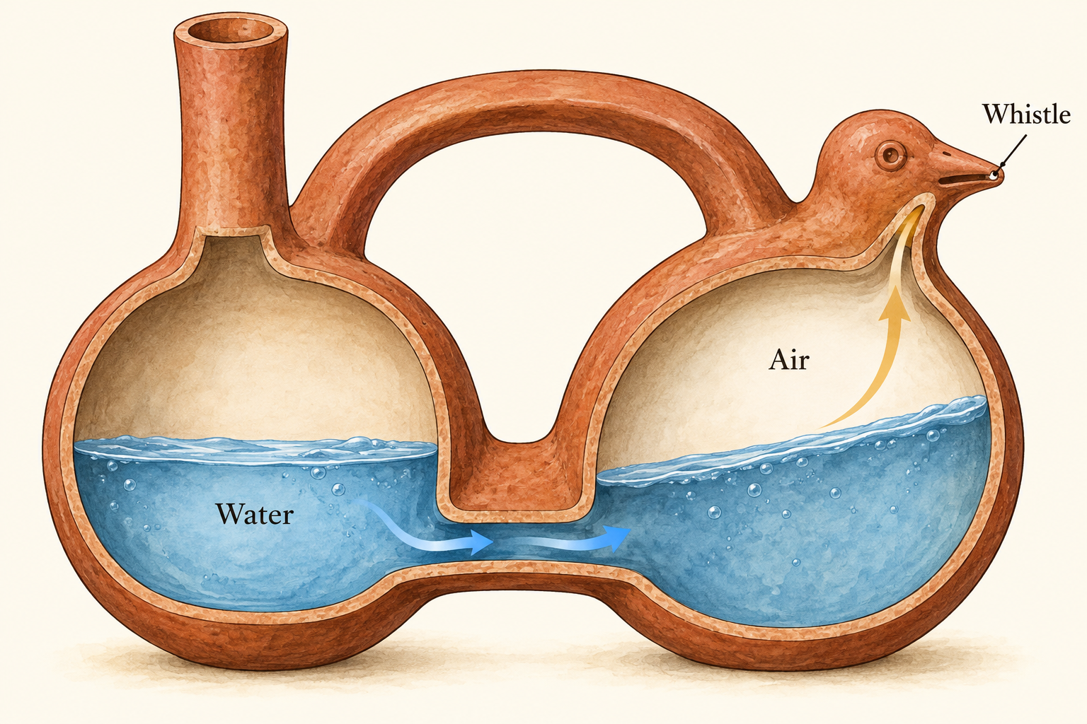 Generated conceptual cutaway showing water moving between vessel chambers and air passing toward a whistle.