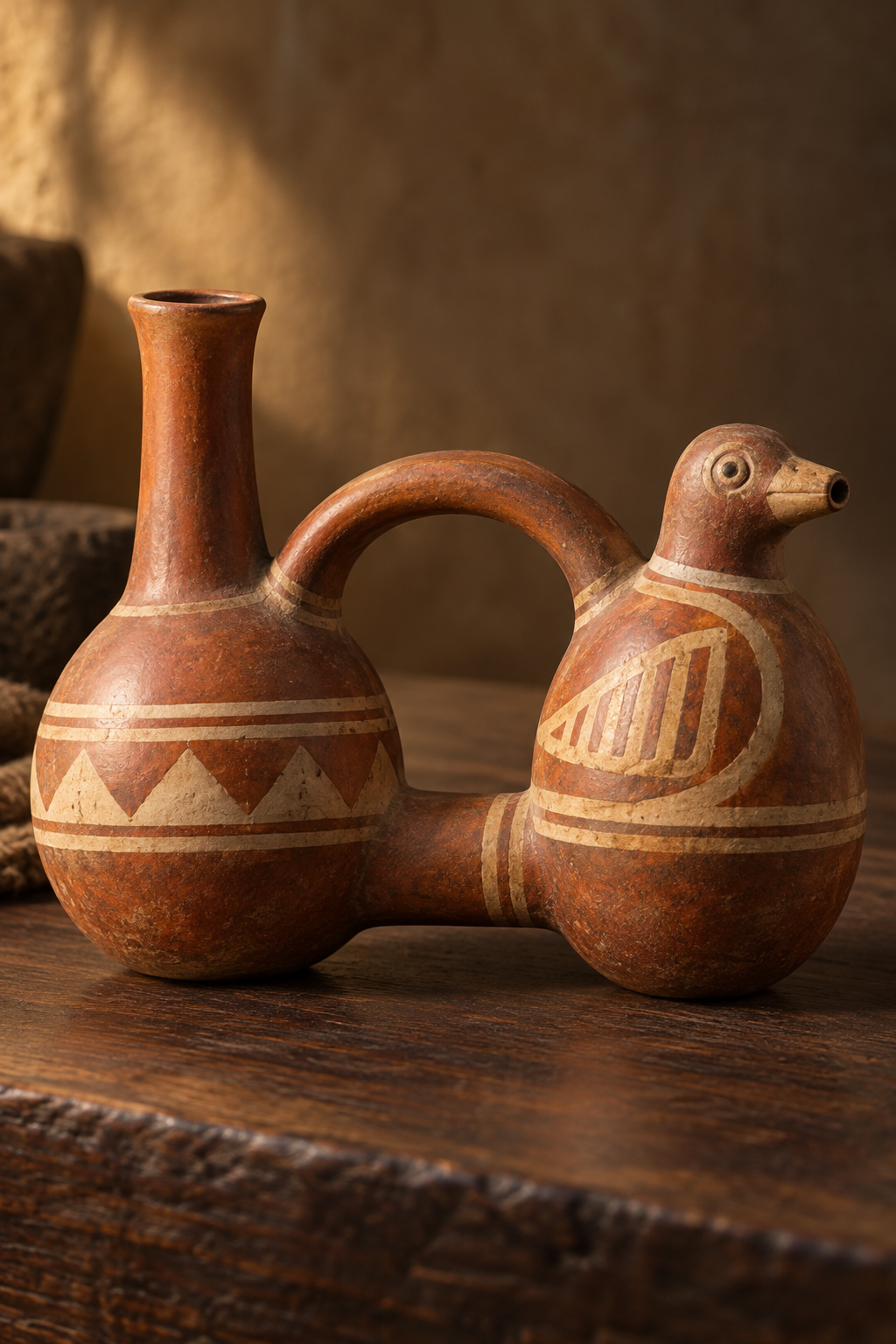 Generated illustration of a two-chamber Andean-inspired pottery vessel with a pouring spout and bird-shaped whistle.