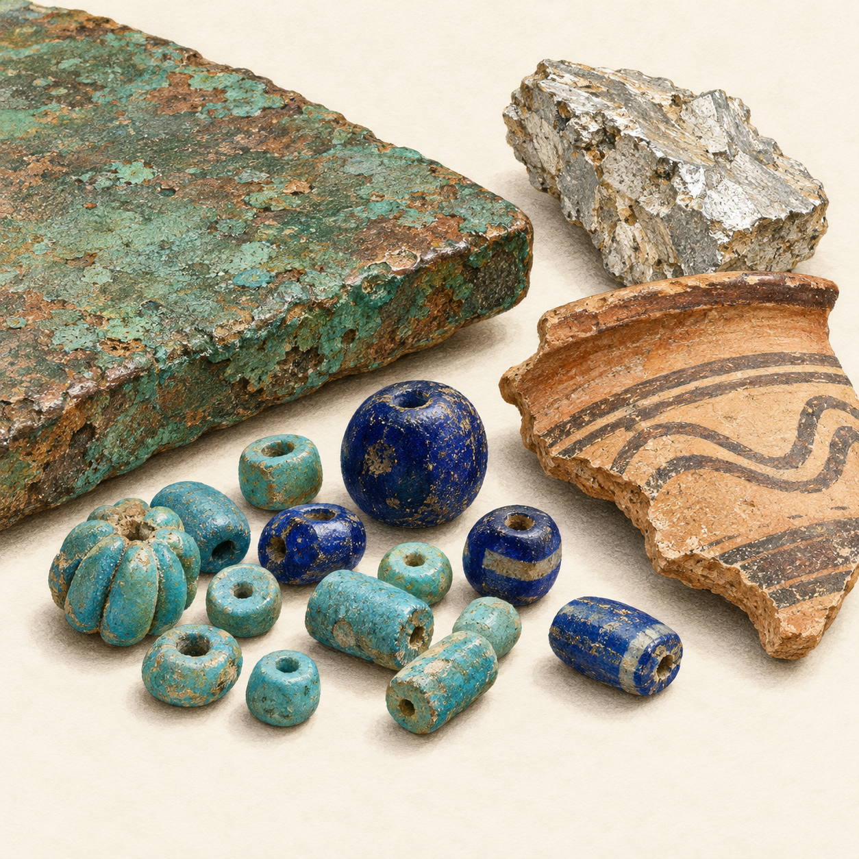 Generated illustration of beads, copper, tin and pottery inspired by the range of Uluburun cargo.