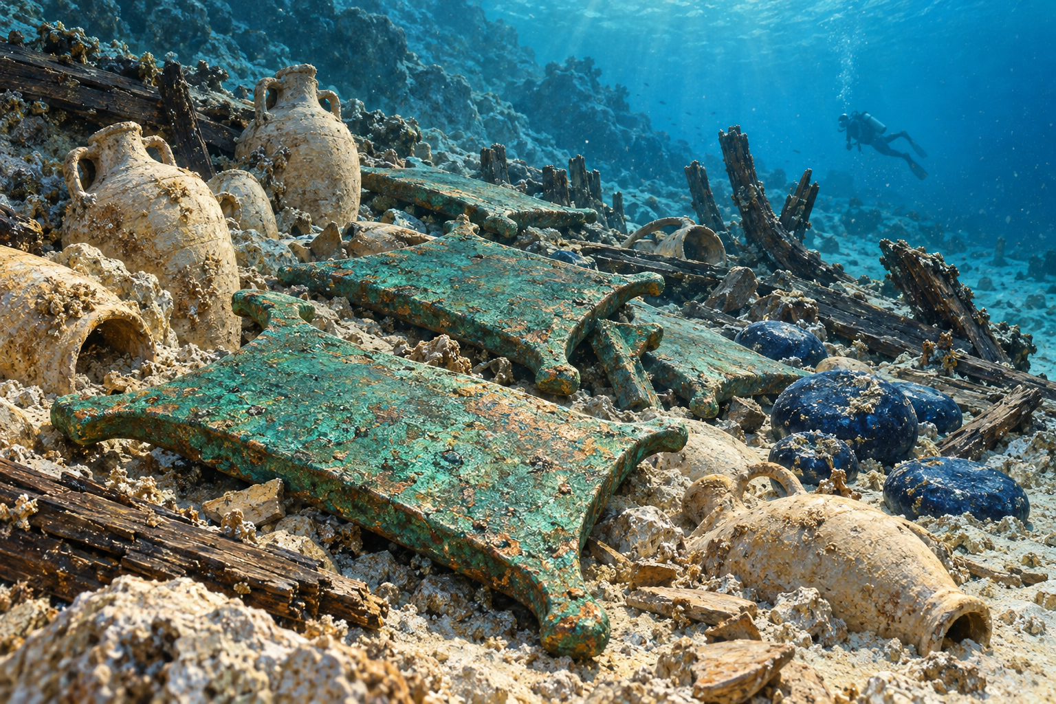 Generated illustration of Bronze Age copper ingots, storage jars and glass cargo on an underwater wreck site.