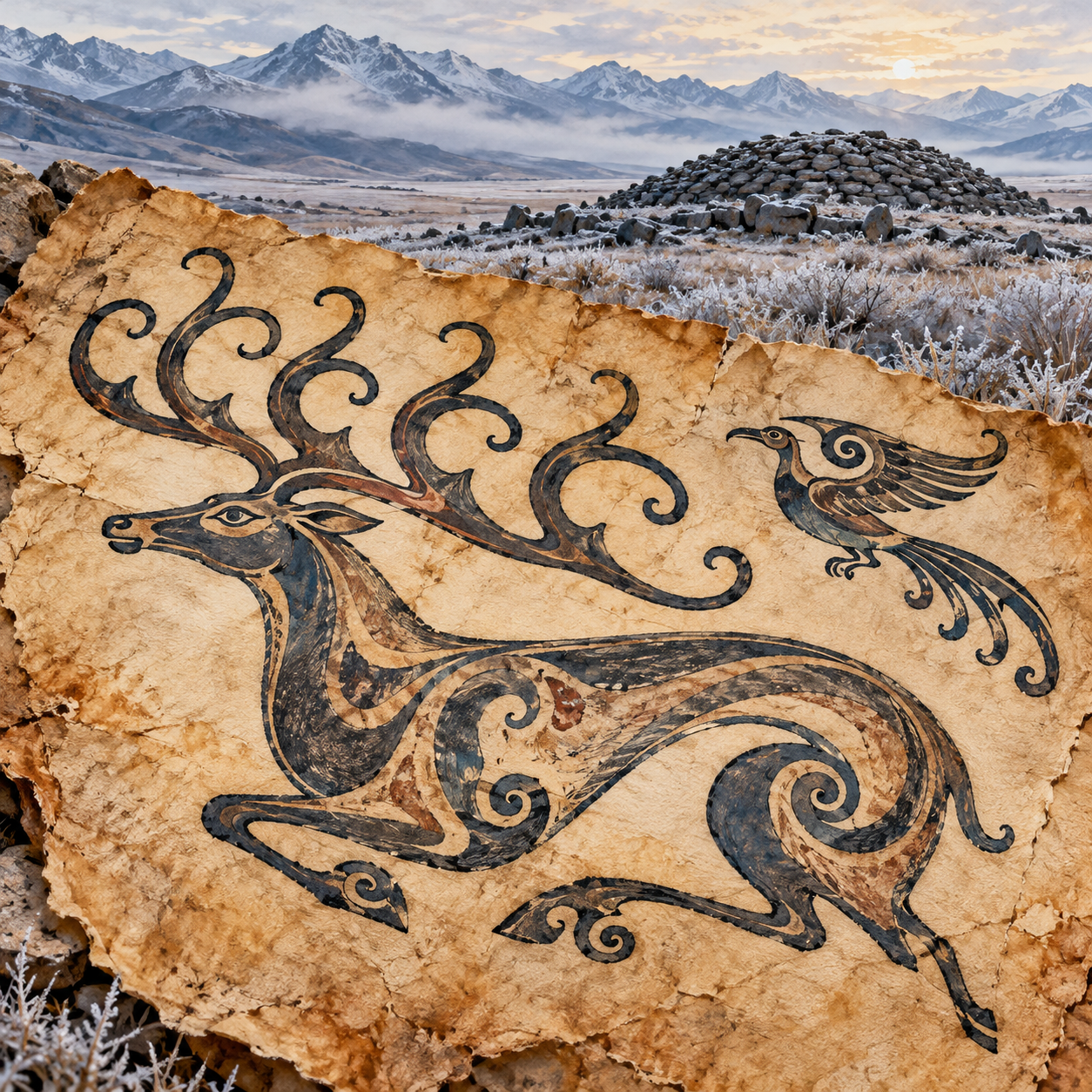 Generated illustration of an animal-style deer and bird on parchment against a frosty Altai burial-mound landscape.
