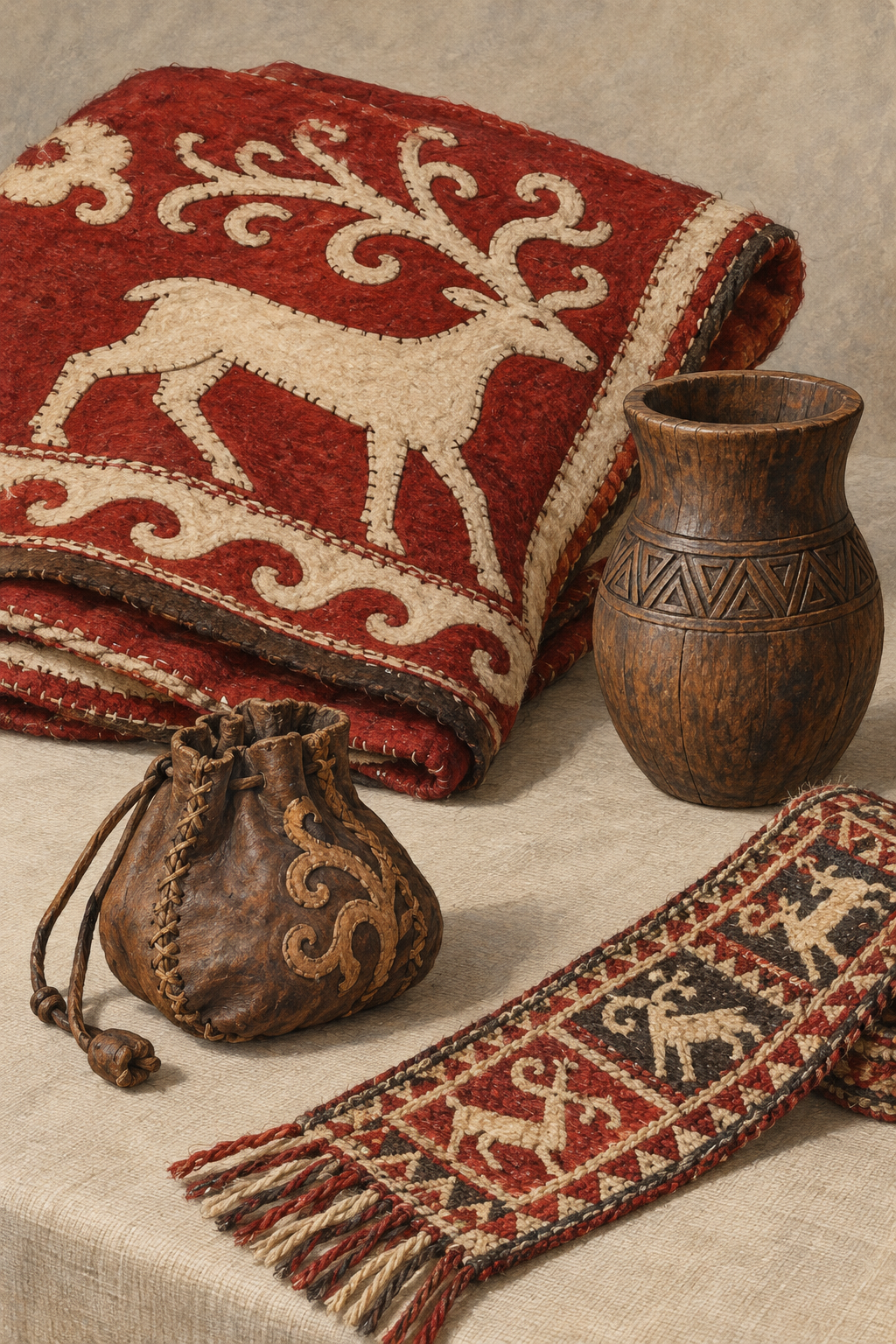 Generated illustration of felt, leather, wood and woven cloth inspired by materials preserved in Pazyryk burials.