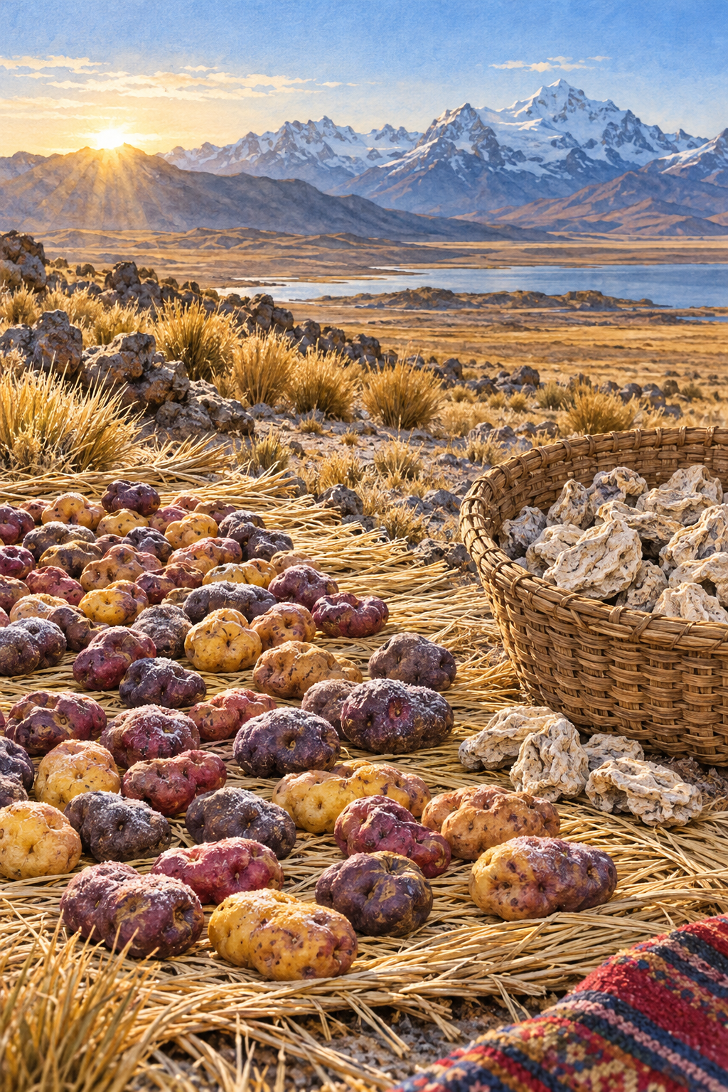 Generated illustration of potatoes and dried chuño in a woven basket on a frosty Andean plateau.