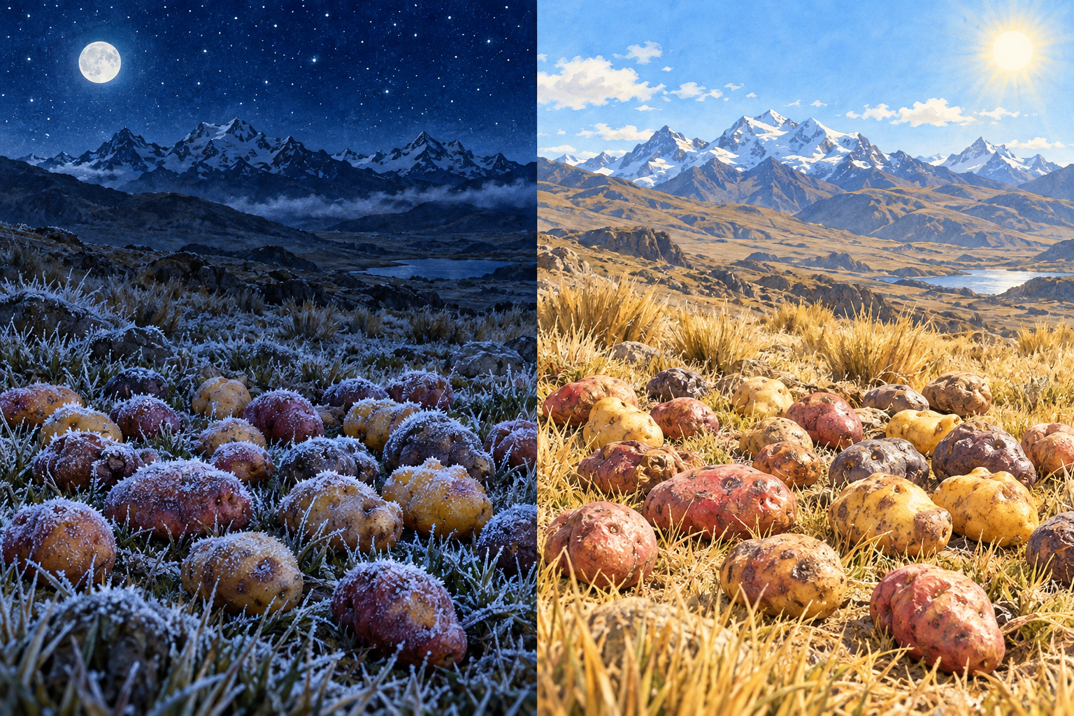 Generated comparison of potatoes exposed to a frosty Andean night and a dry sunny day.