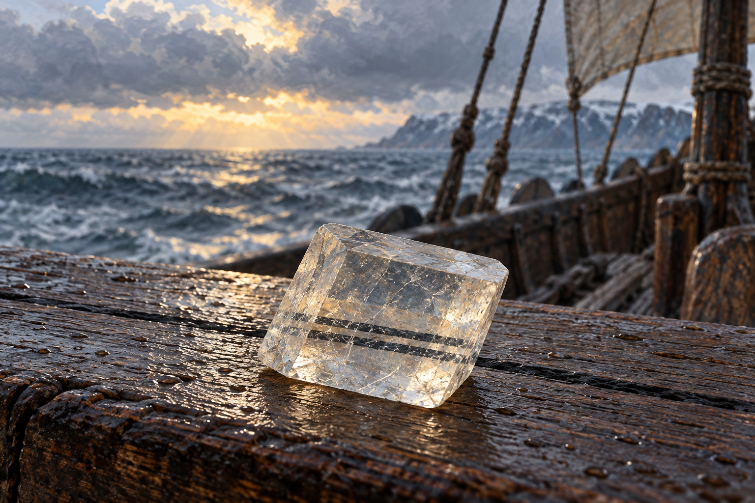 Generated illustration of a clear calcite crystal doubling a dark line, with a cloudy sea and wooden vessel behind.