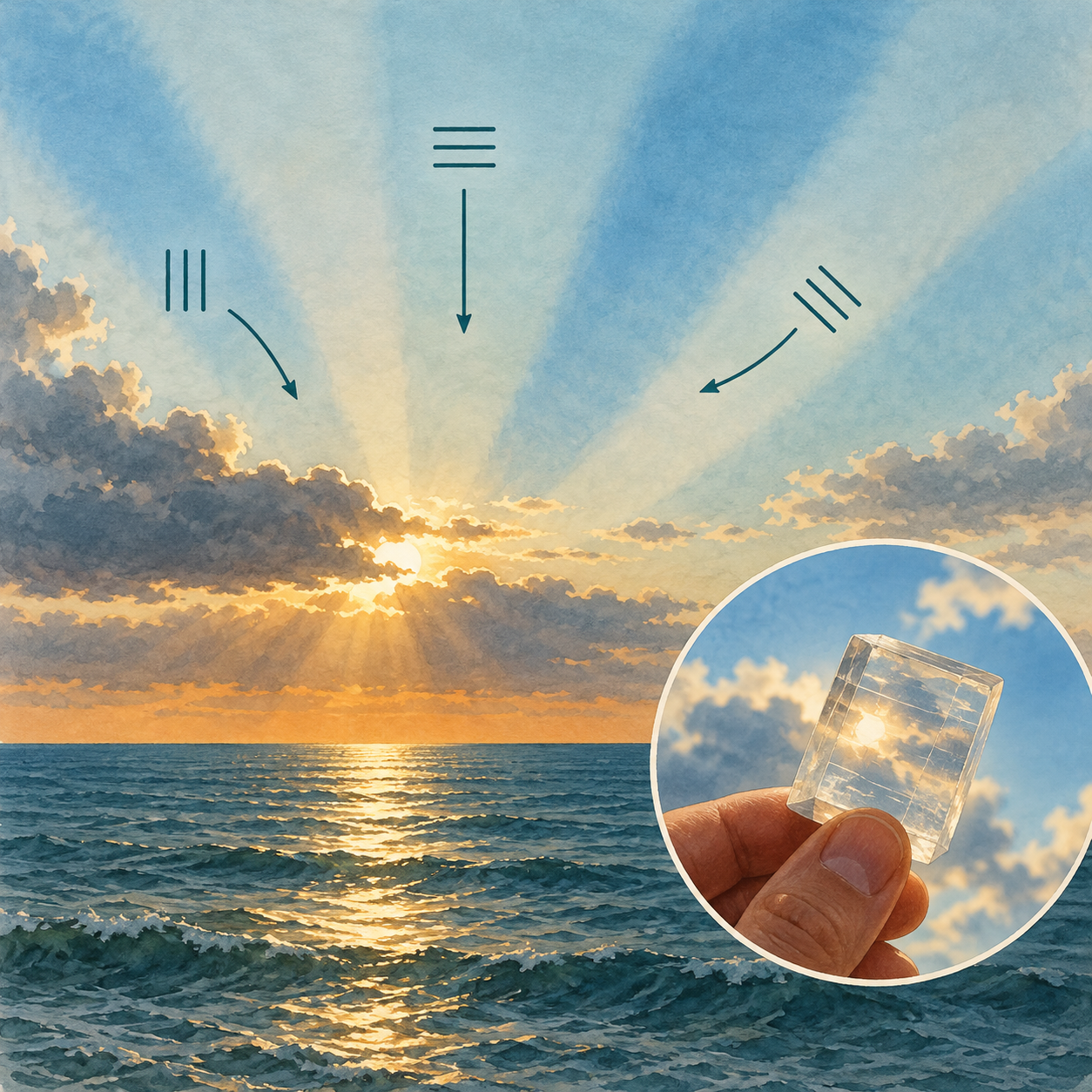 Generated conceptual illustration of polarized skylight and a transparent crystal.