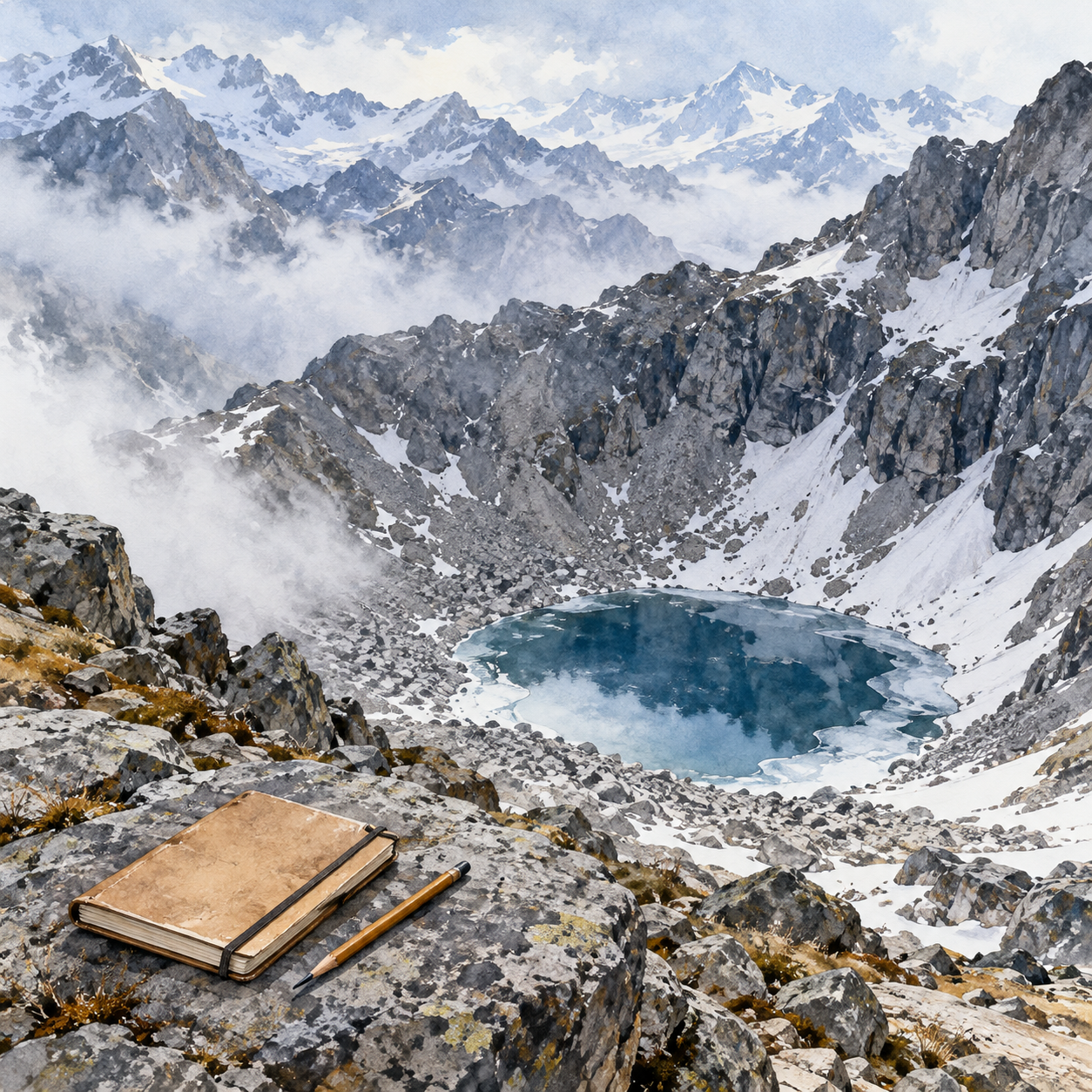 Generated illustration of a small high Himalayan lake among rocky slopes, with a field notebook in the foreground.