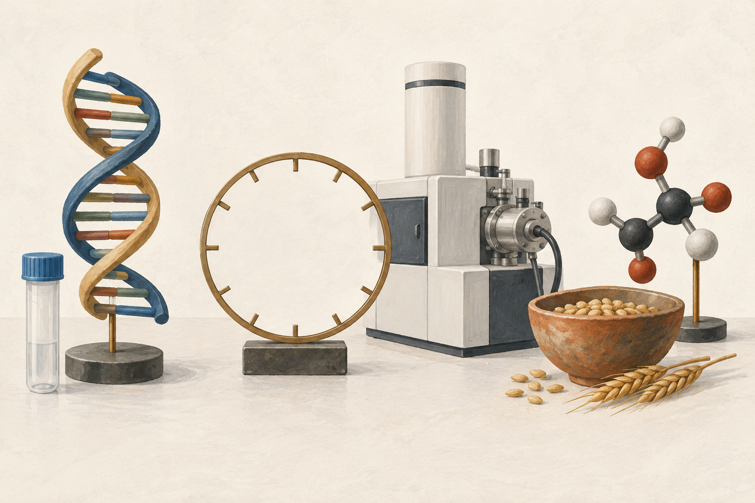 Generated illustration symbolizing genetic ancestry, radiocarbon dates and diet evidence.