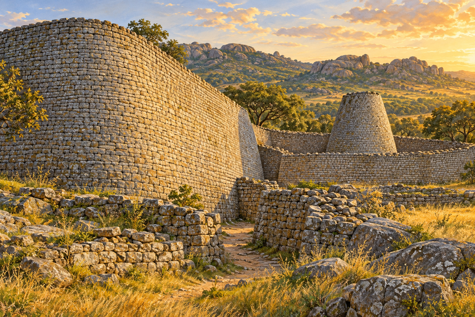 Generated illustration of curving granite walls and a conical stone tower inspired by Great Zimbabwe.