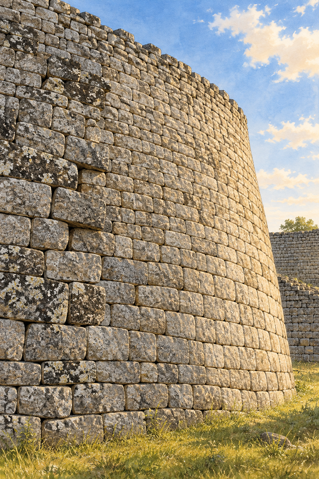 Generated architectural close-up of fitted granite blocks in a curving dry-stone wall inspired by Great Zimbabwe.