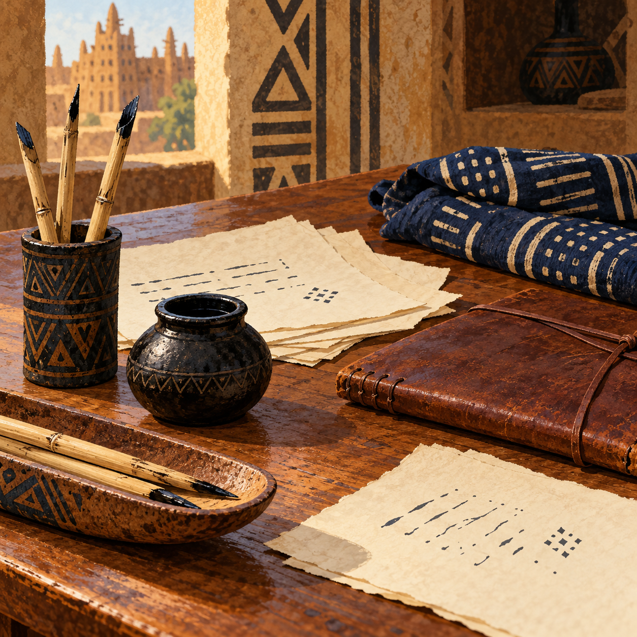 Generated illustration of reed pens, ink, writing sheets and book coverings.