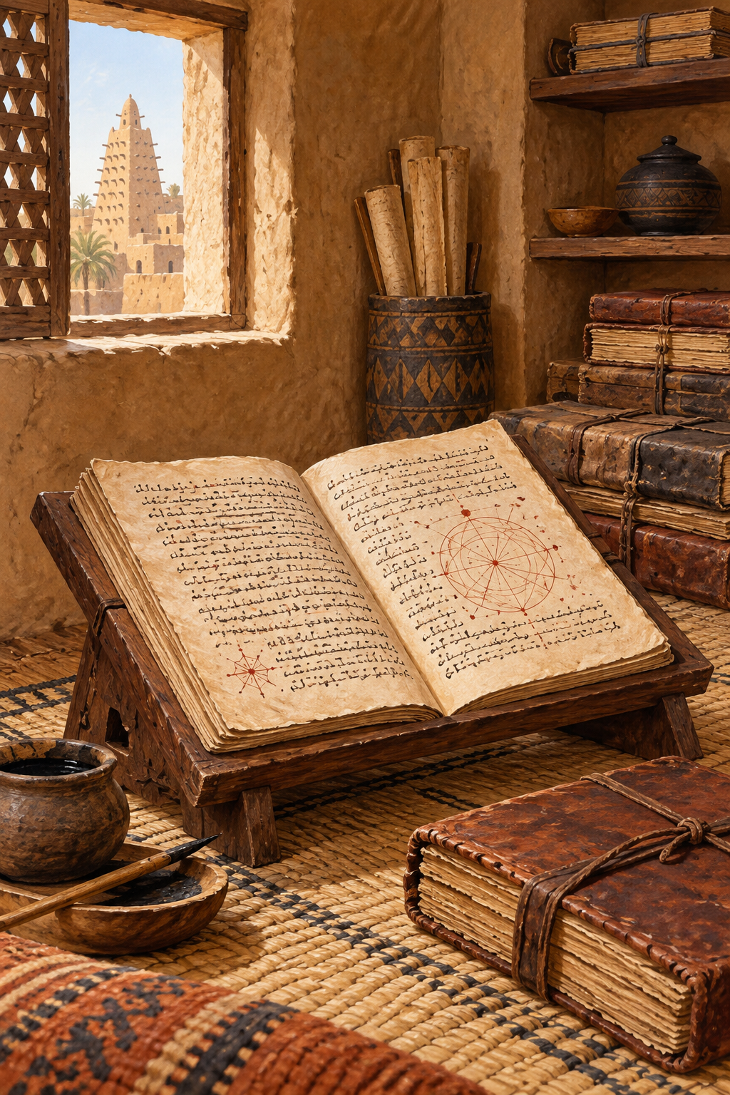 Generated illustration of an open manuscript, geometric diagram and leather-covered books in a Timbuktu-inspired study.