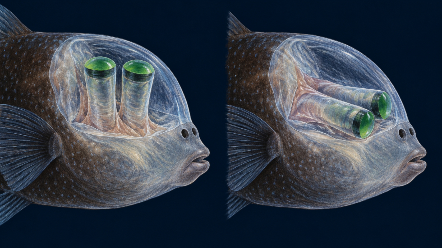 Two conceptual head views compare upward and forward orientation of the barreleye’s tubular eyes.