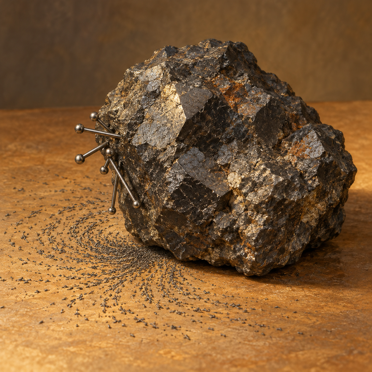 Illustration of a dark lodestone with small steel pins clinging to its side.