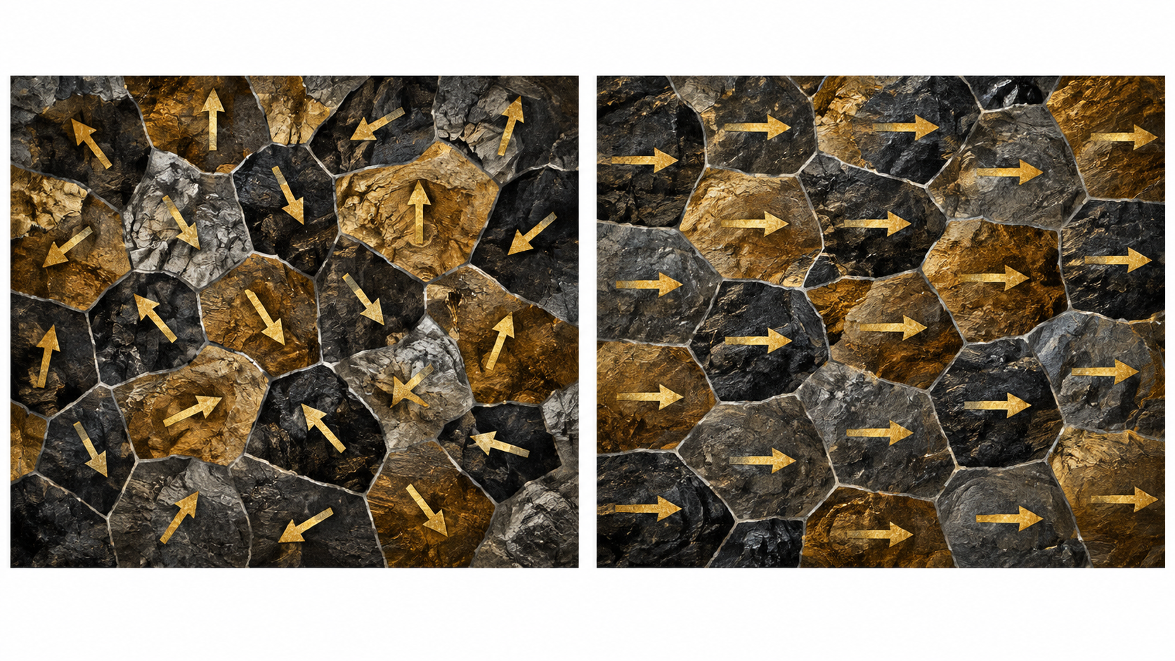 Two conceptual panels contrast varied and more aligned magnetic-domain orientations.