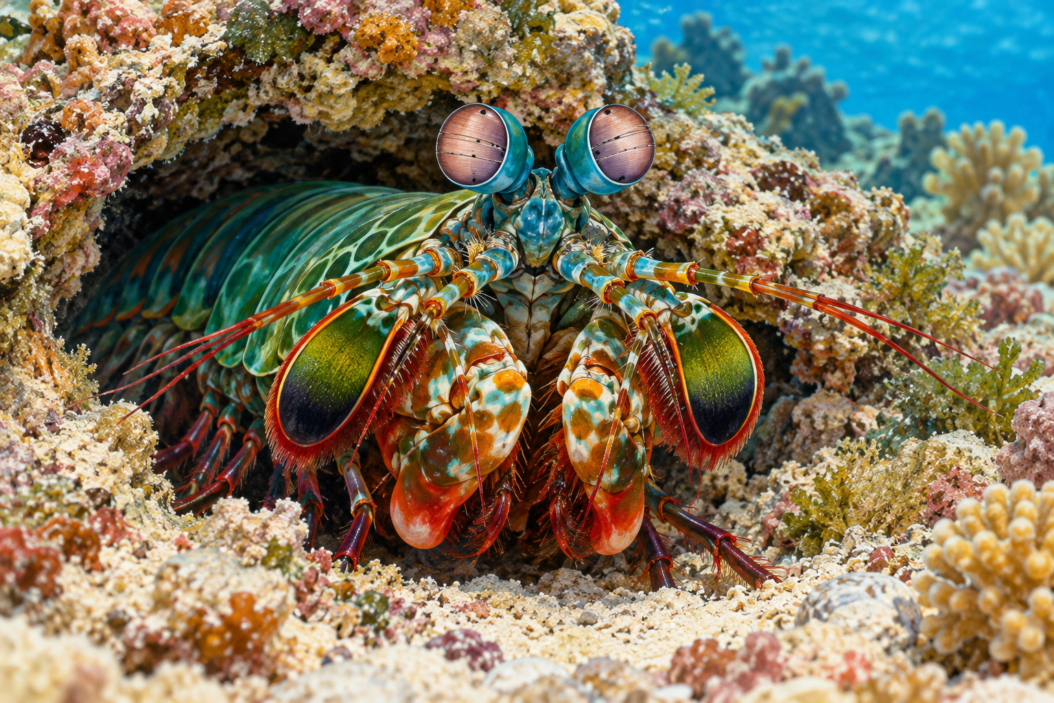 A colorful mantis shrimp peers from a reef burrow with its stalked eyes prominent.