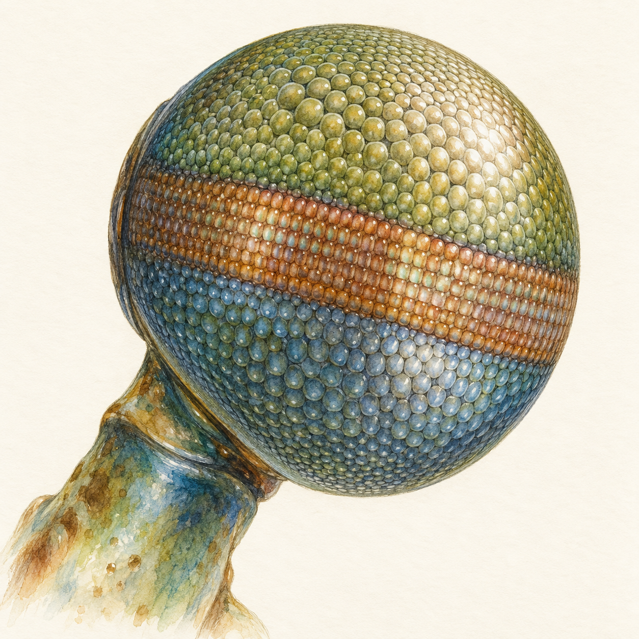 An enlarged artistic compound-eye study shows a central midband among many facets.