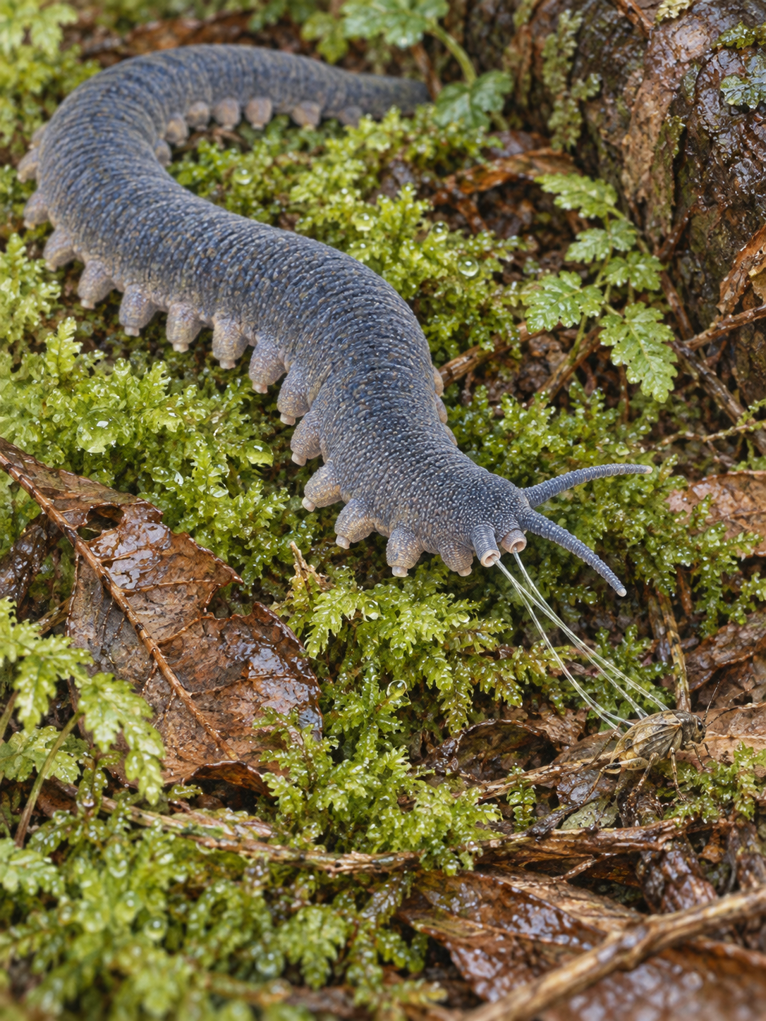 A blue-grey velvet worm on moss sends fine pale slime strands toward a small insect.