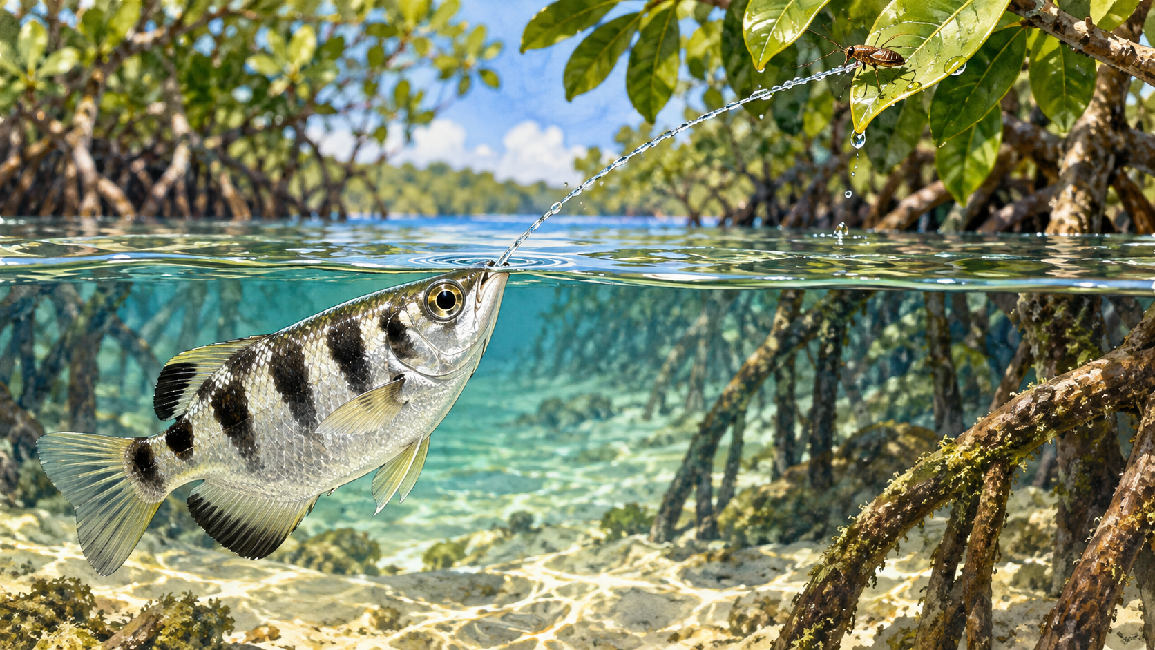 A banded archerfish sends a thin water jet toward an insect on an overhanging leaf.